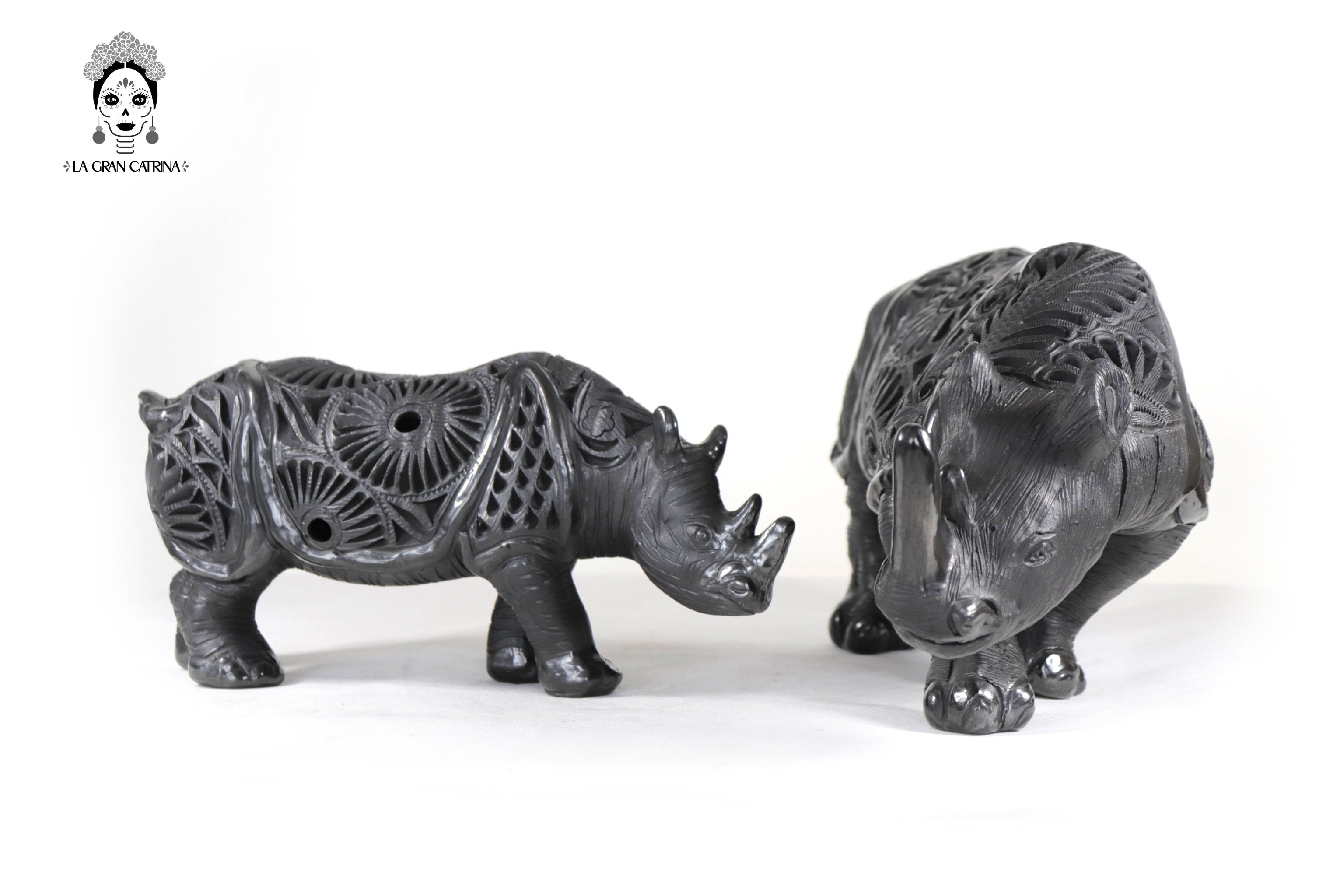 Black Clay Pair of Rhinoceroses - 7.9 in. - 5.5 in. Tere Oax