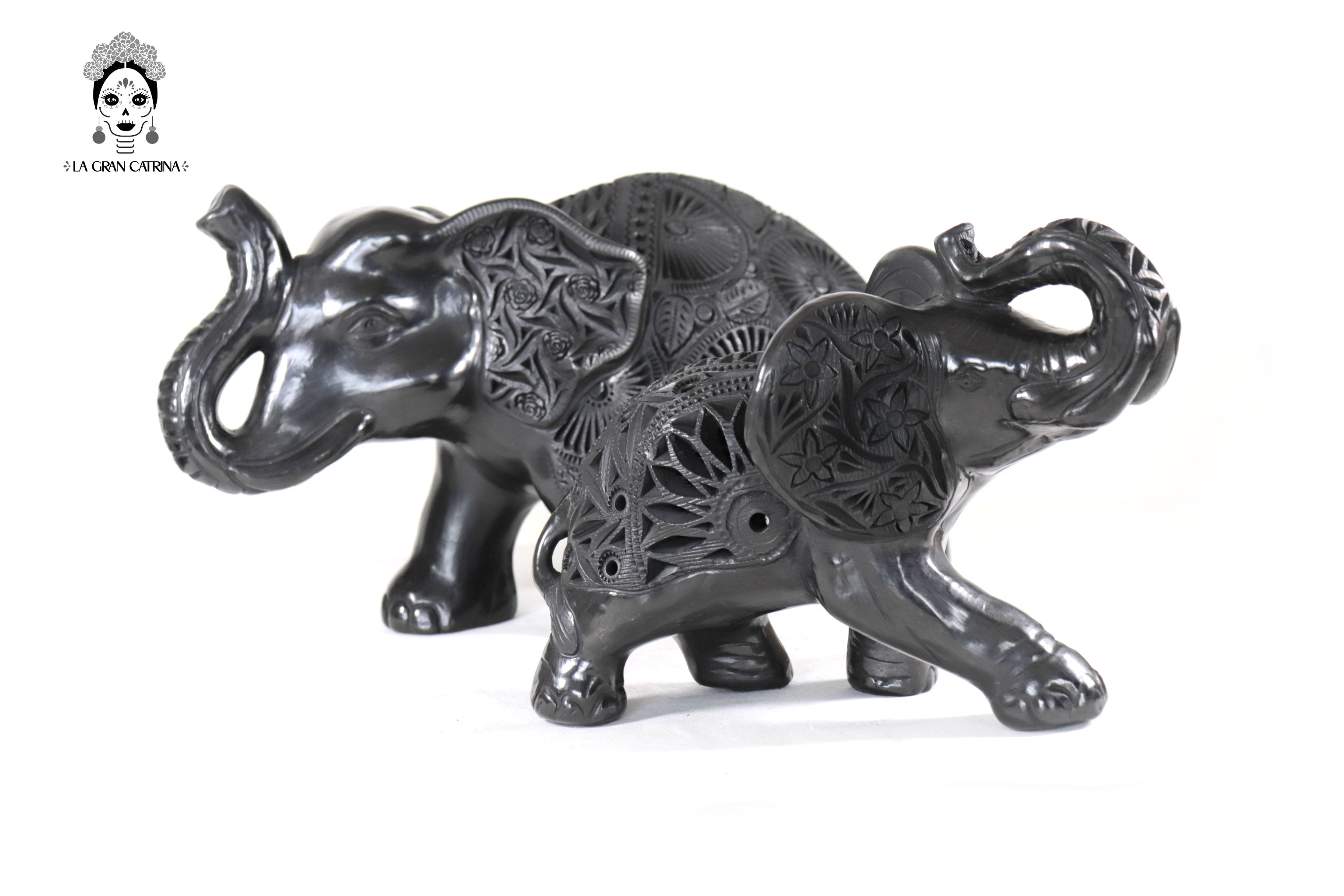 Black Clay Pair of Elephants - 9.4 in. - 7 in. Tere Oax