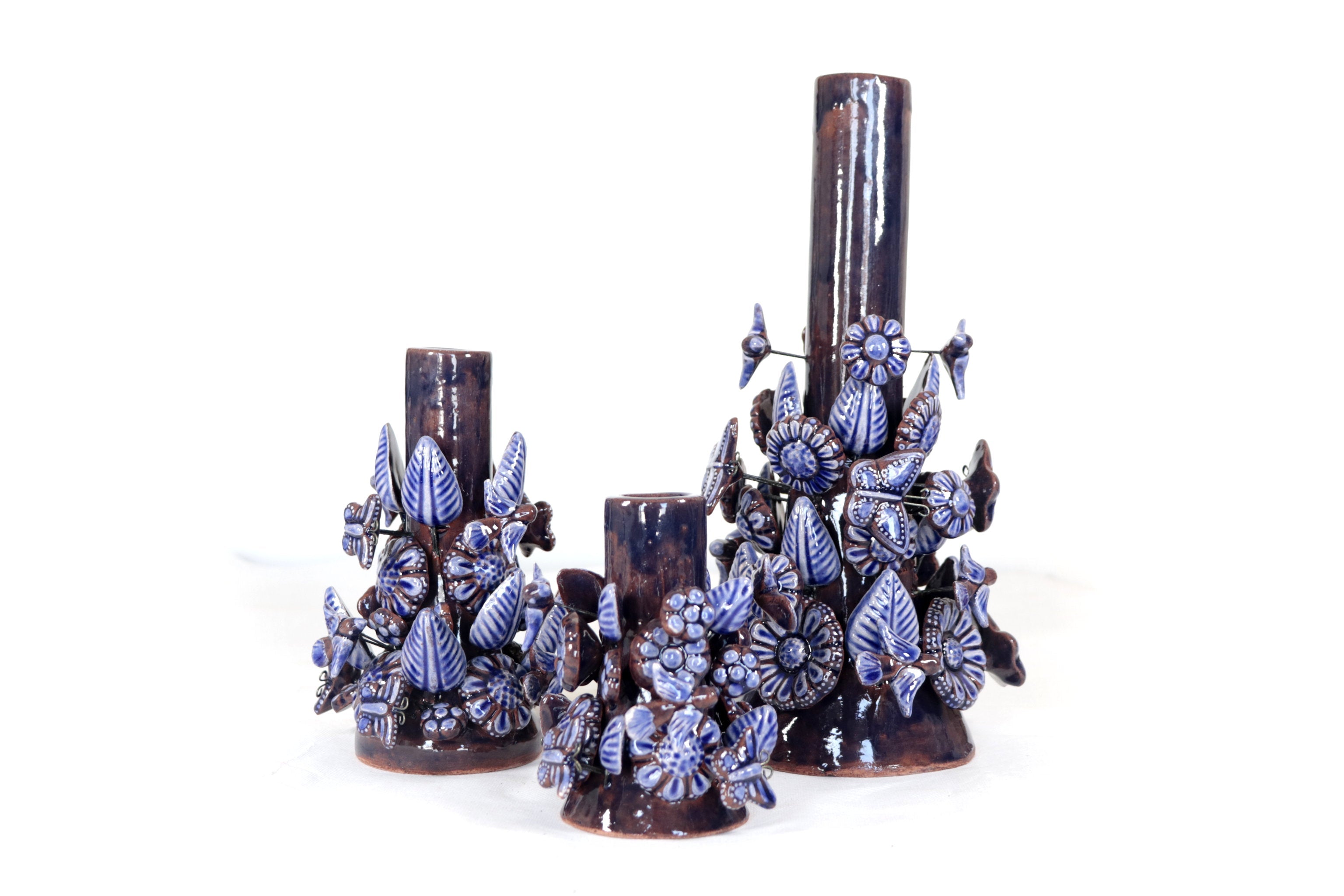 Set of 3 Porta Cirio Blue - Glazed Clay - 11.4 in. Montoya
