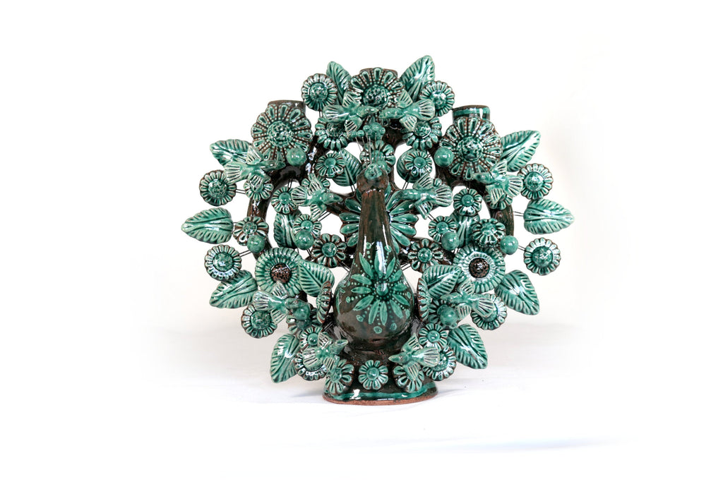 Candleholder Glazed Clay Tree of Life - Estilo Pavo Real - 14.5 in. - Made to Order Montoya