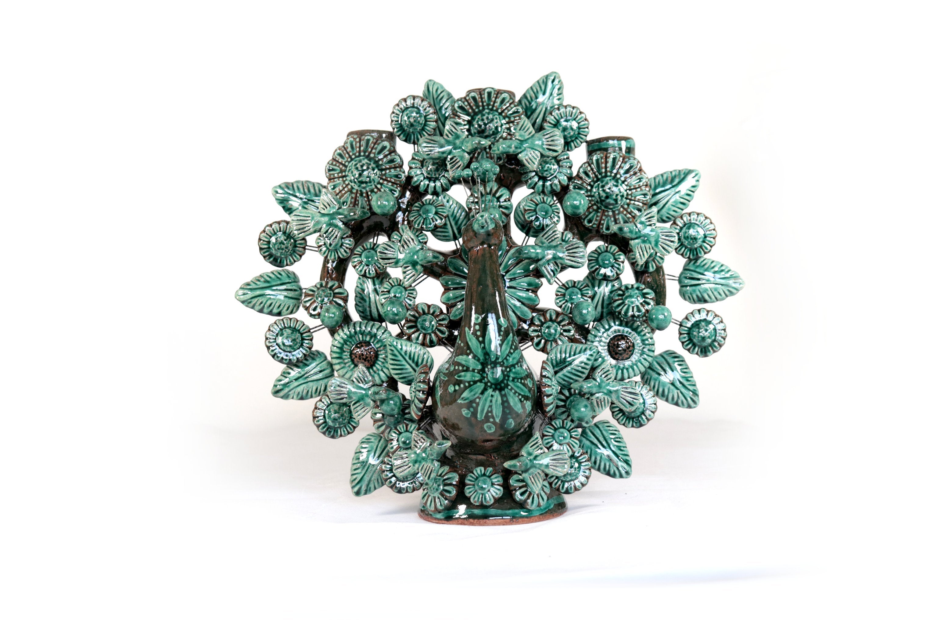 Candleholder Glazed Clay Tree of Life - Estilo Pavo Real - 14.5 in. - Made to Order Montoya