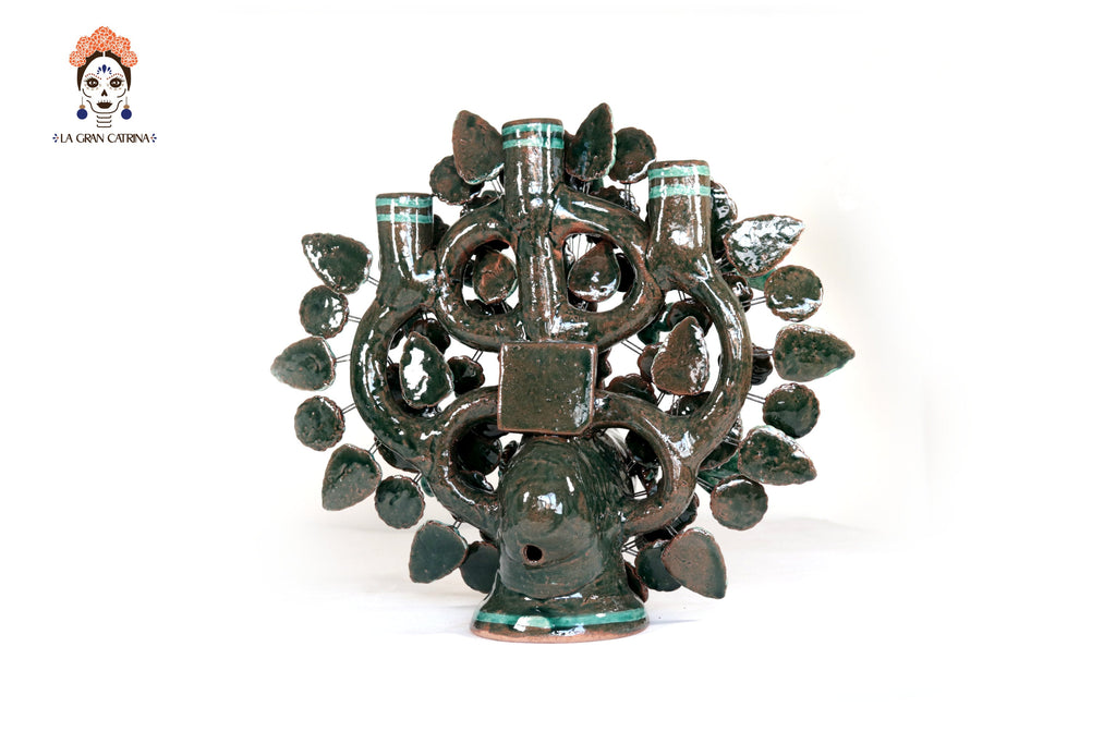 Candleholder Glazed Clay Tree of Life - Estilo Pavo Real - 14.5 in. - Made to Order Montoya