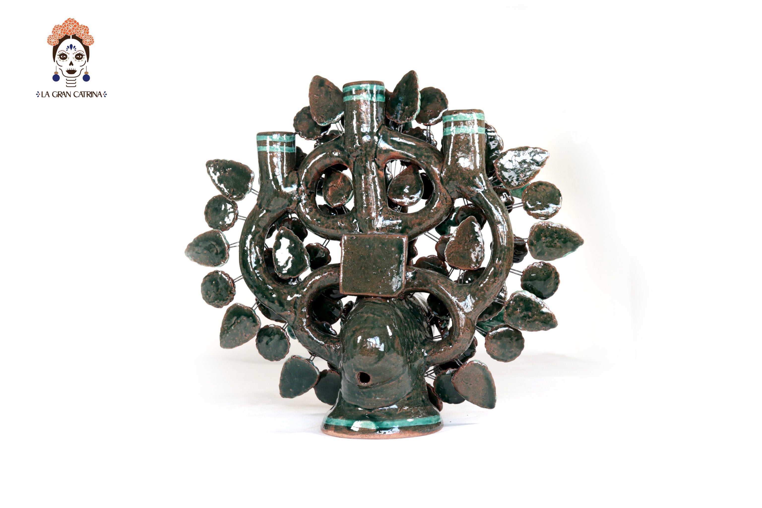 Candleholder Glazed Clay Tree of Life - Estilo Pavo Real - 14.5 in. - Made to Order Montoya