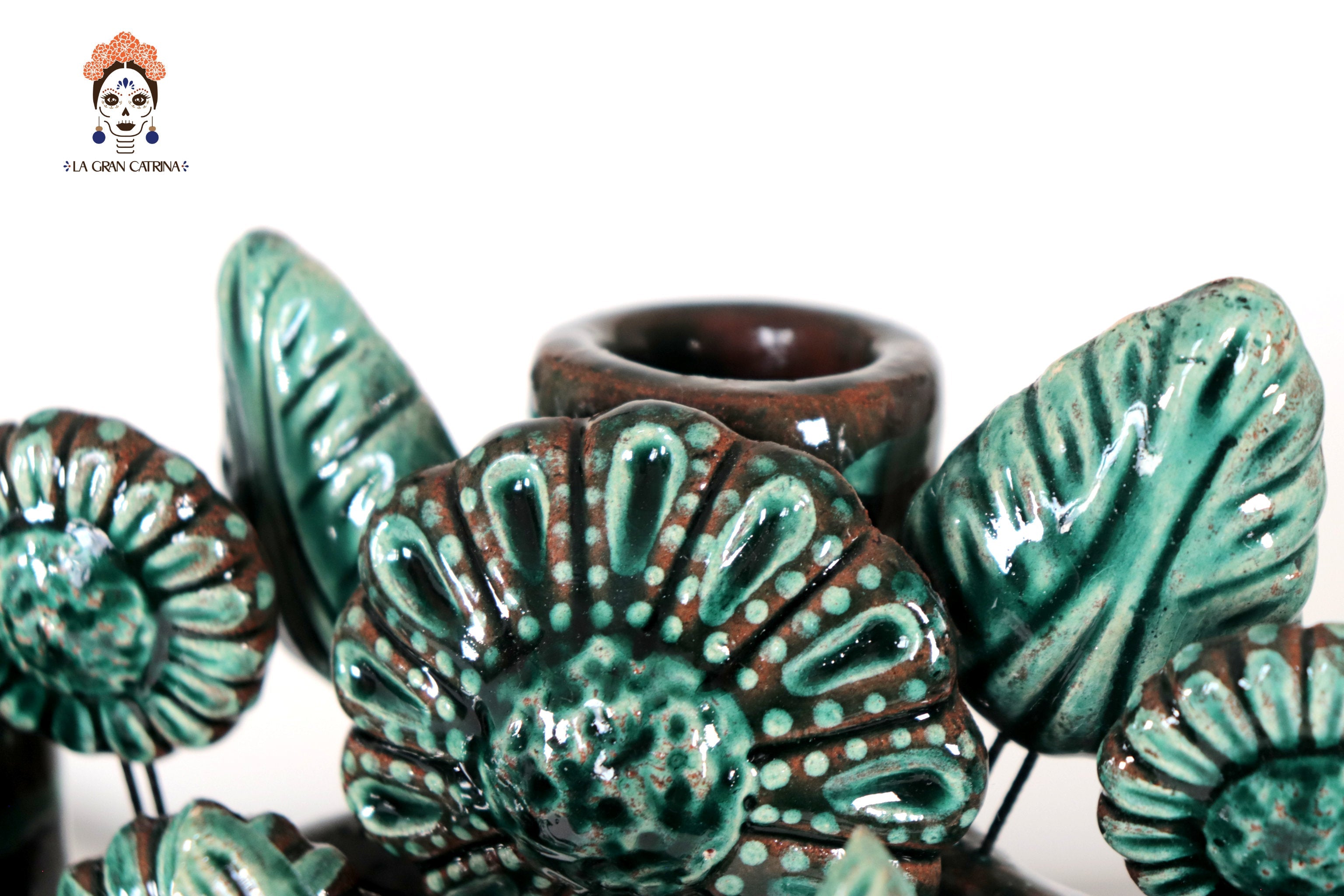 Candleholder Glazed Clay Tree of Life - Estilo Pavo Real - 14.5 in. - Made to Order Montoya