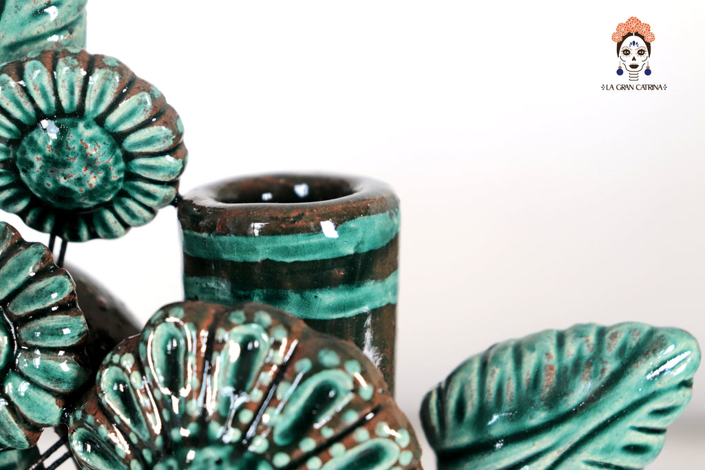 Candleholder Glazed Clay Tree of Life - Estilo Pavo Real - 14.5 in. - Made to Order Montoya