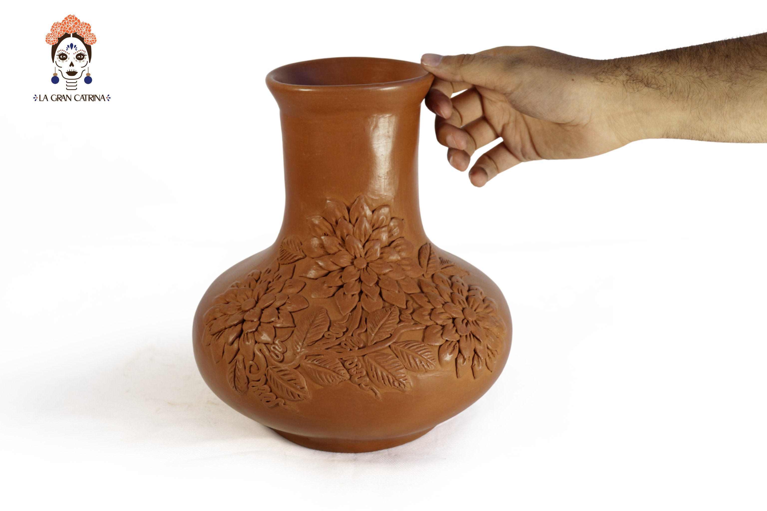 Vessel with Floral Design Clay - Patamban - 9.4 in. Patamban