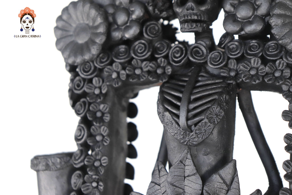 Candleholder Tallr Skull Floral Black Clay - 24.4 in. - Made to Order Manuel Avalos