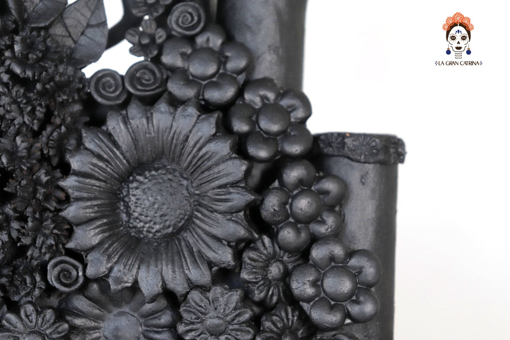 Candleholder Tallr Skull Floral Black Clay - 24.4 in. - Made to Order Manuel Avalos