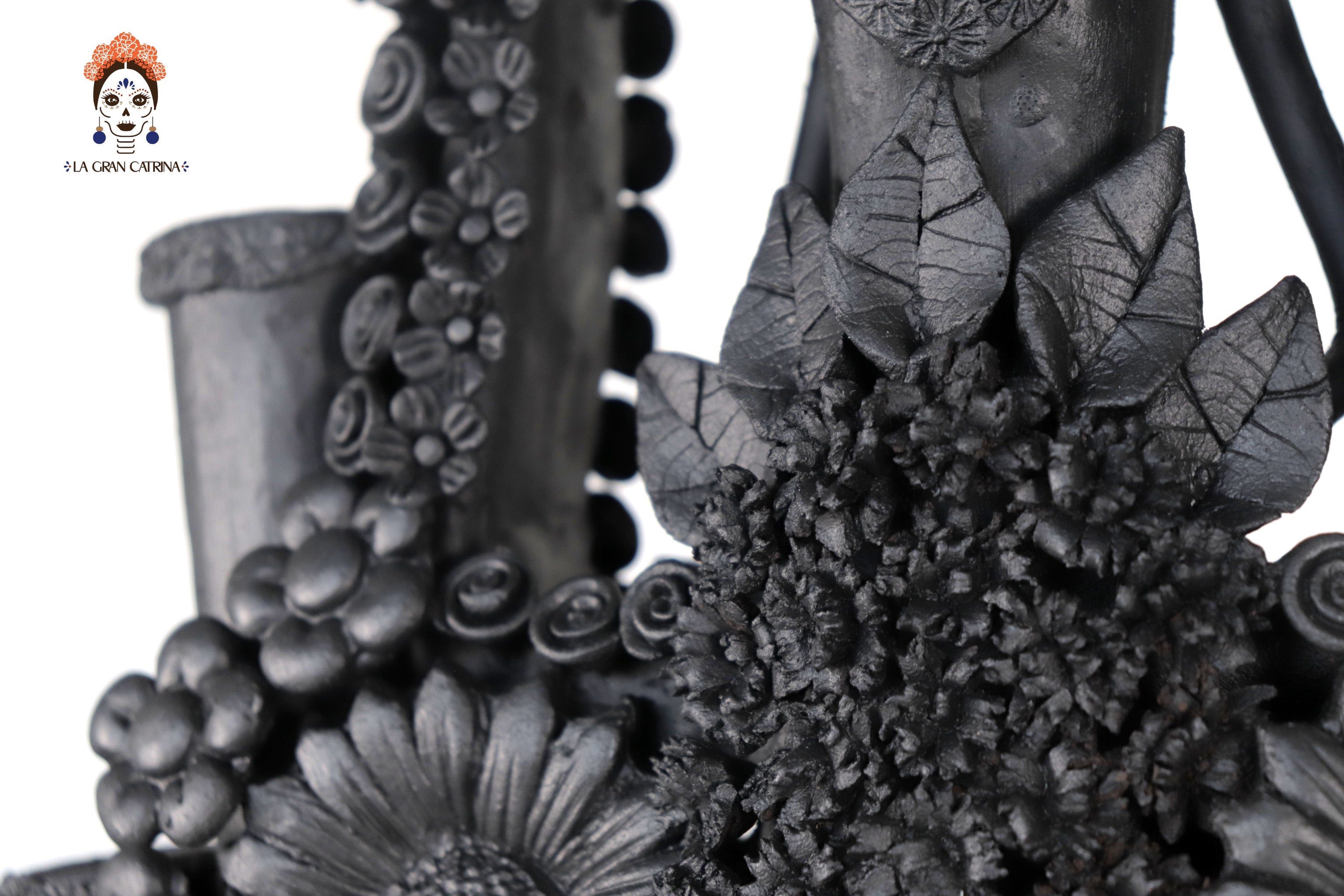 Candleholder Tallr Skull Floral Black Clay - 24.4 in. - Made to Order Manuel Avalos
