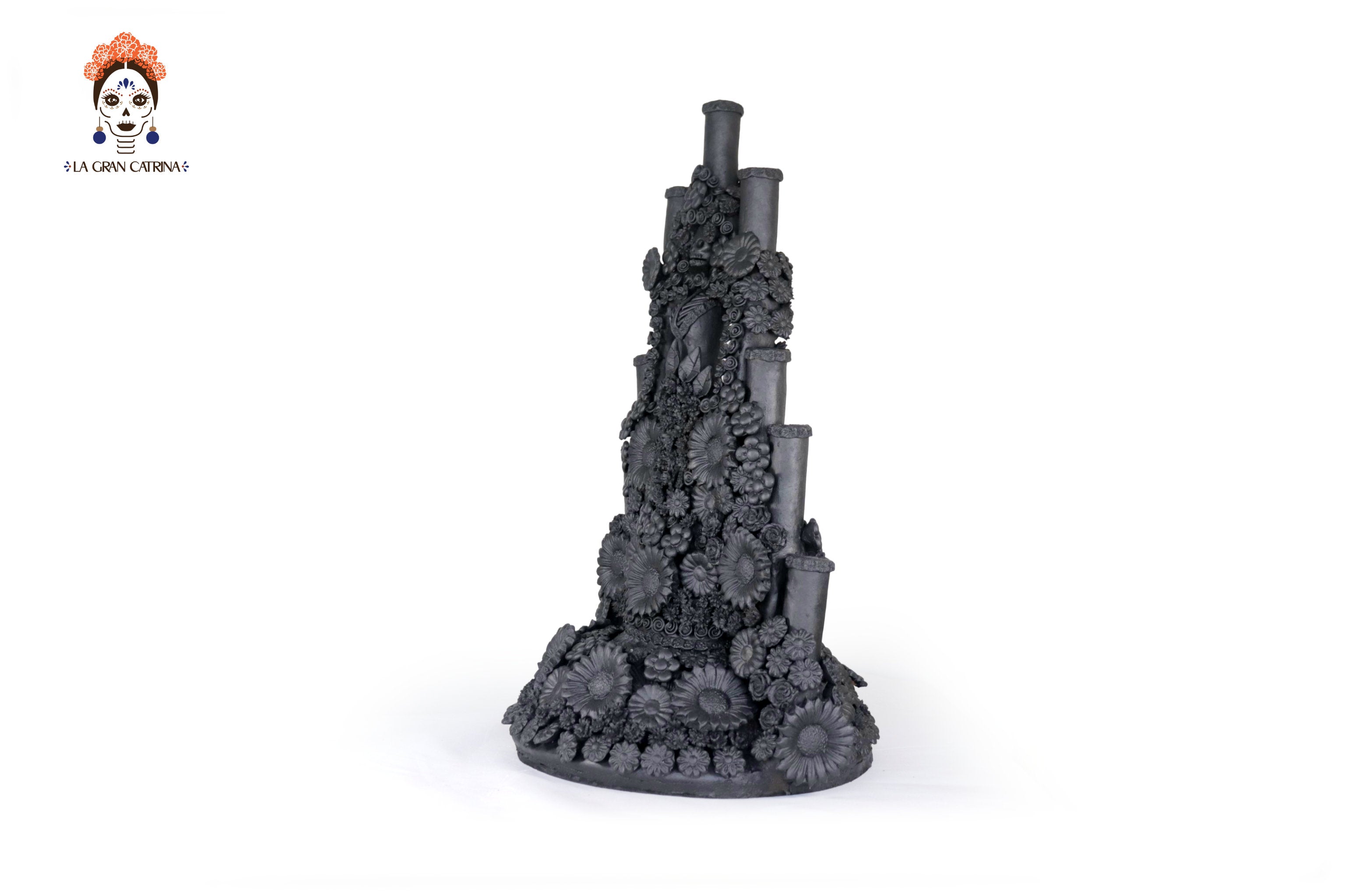Candleholder Tallr Skull Floral Black Clay - 24.4 in. - Made to Order Manuel Avalos