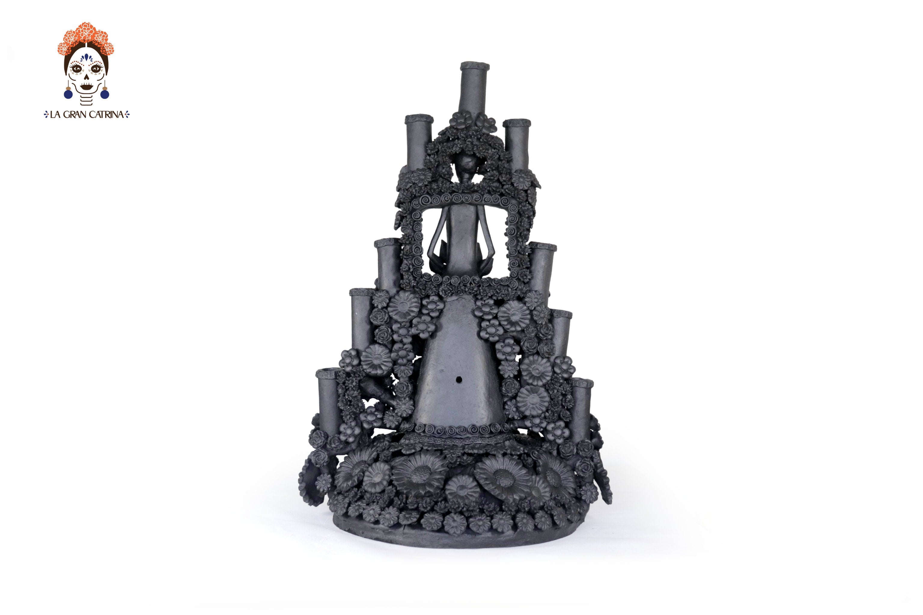 Candleholder Tallr Skull Floral Black Clay - 24.4 in. - Made to Order Manuel Avalos
