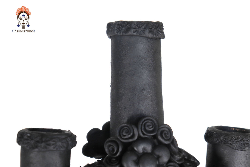 Candleholder Tallr Skull Floral Black Clay - 24.4 in. - Made to Order Manuel Avalos