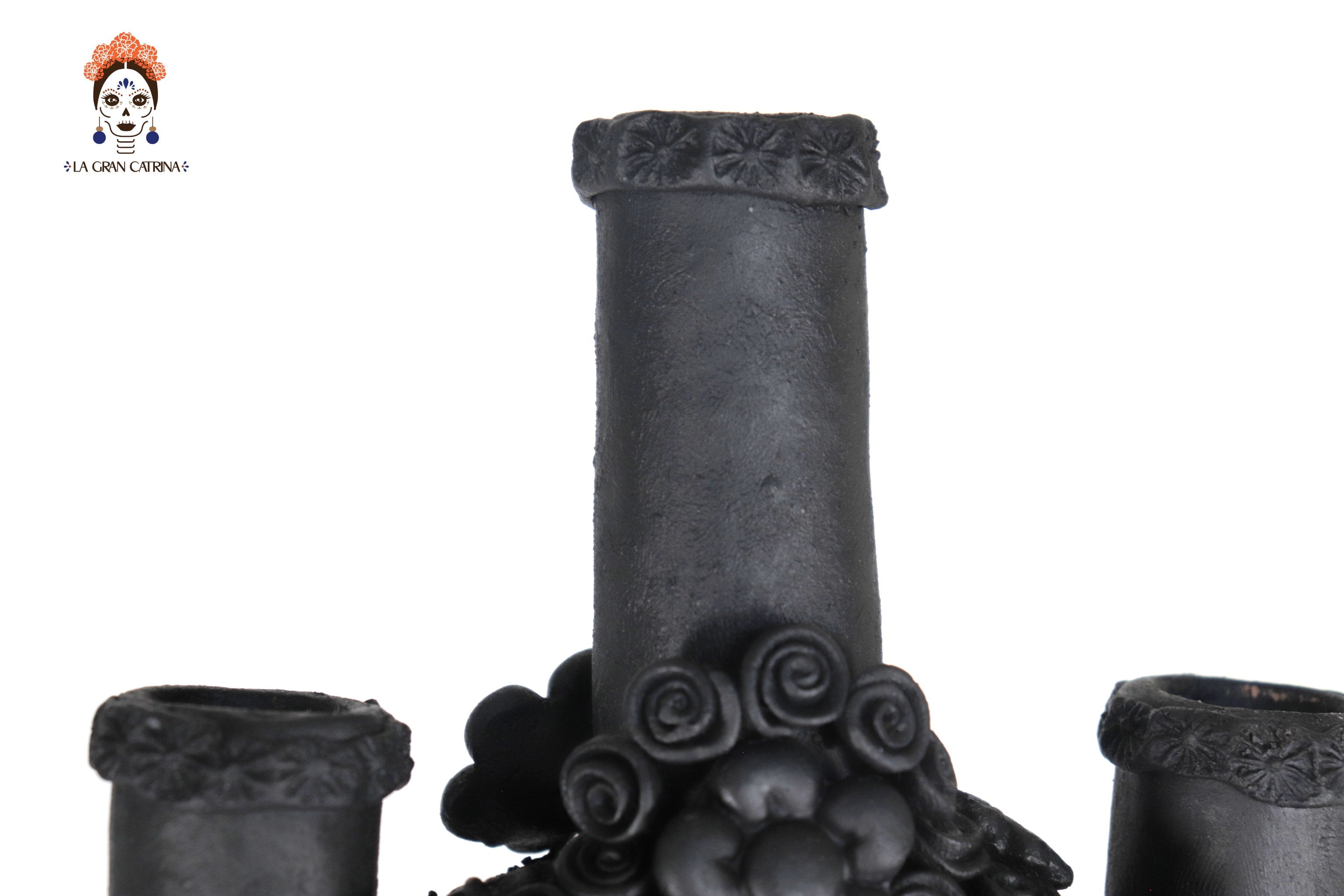 Candleholder Tallr Skull Floral Black Clay - 24.4 in. - Made to Order Manuel Avalos