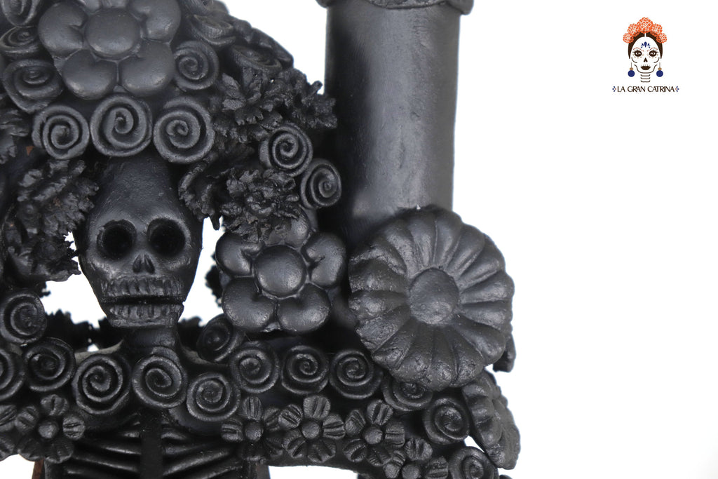 Candleholder Tallr Skull Floral Black Clay - 24.4 in. - Made to Order Manuel Avalos