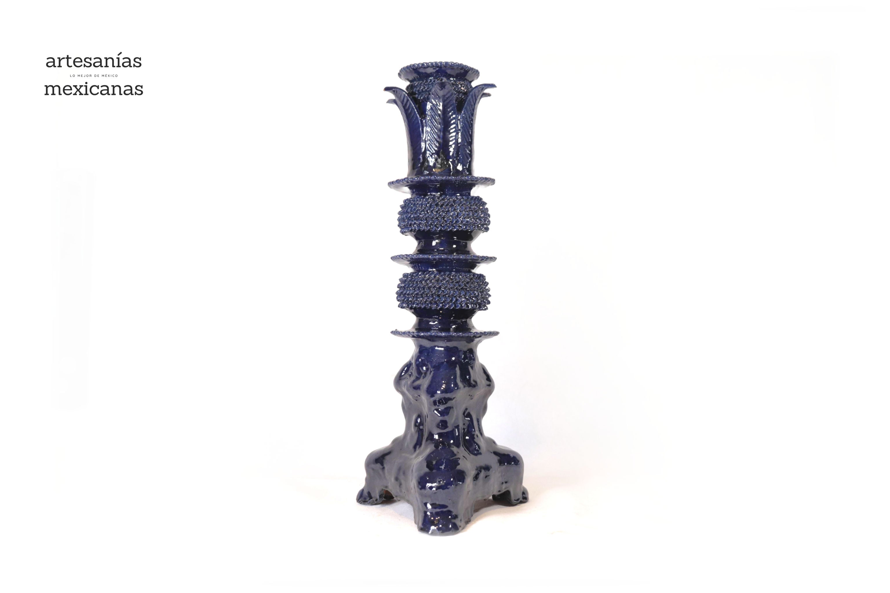 Set of 3 Candleholders Blue with leaves - Glazed Clay Juan Gtz