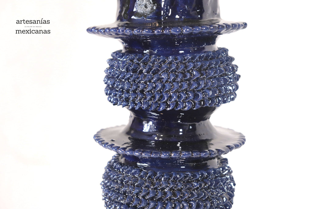 Set of 3 Candleholders Blue with leaves - Glazed Clay Juan Gtz