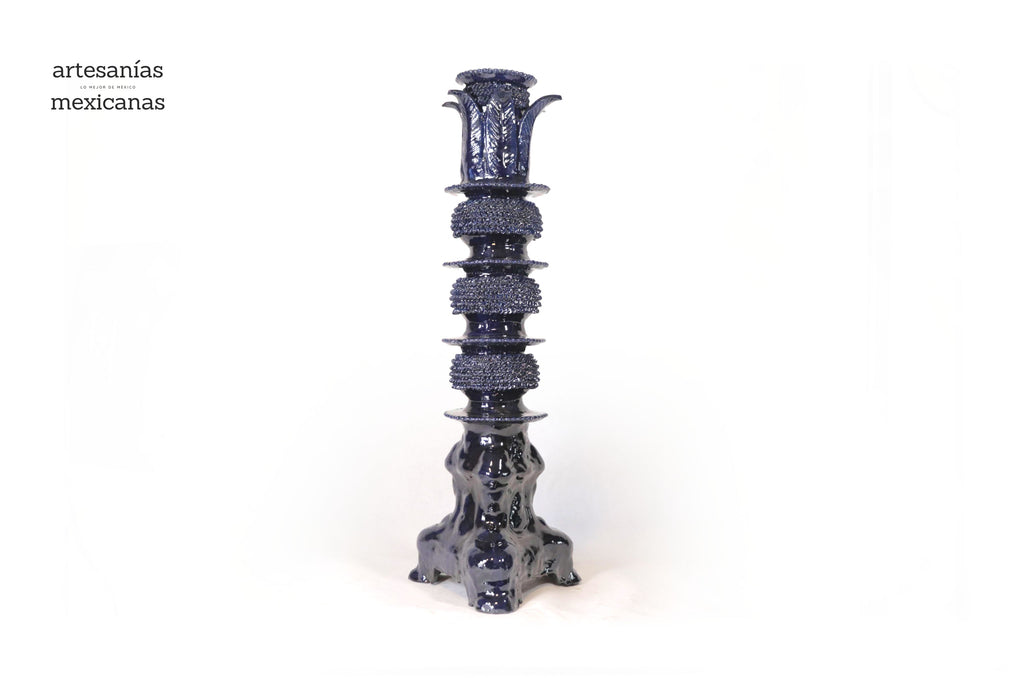 Set of 3 Candleholders Blue with leaves - Glazed Clay Juan Gtz