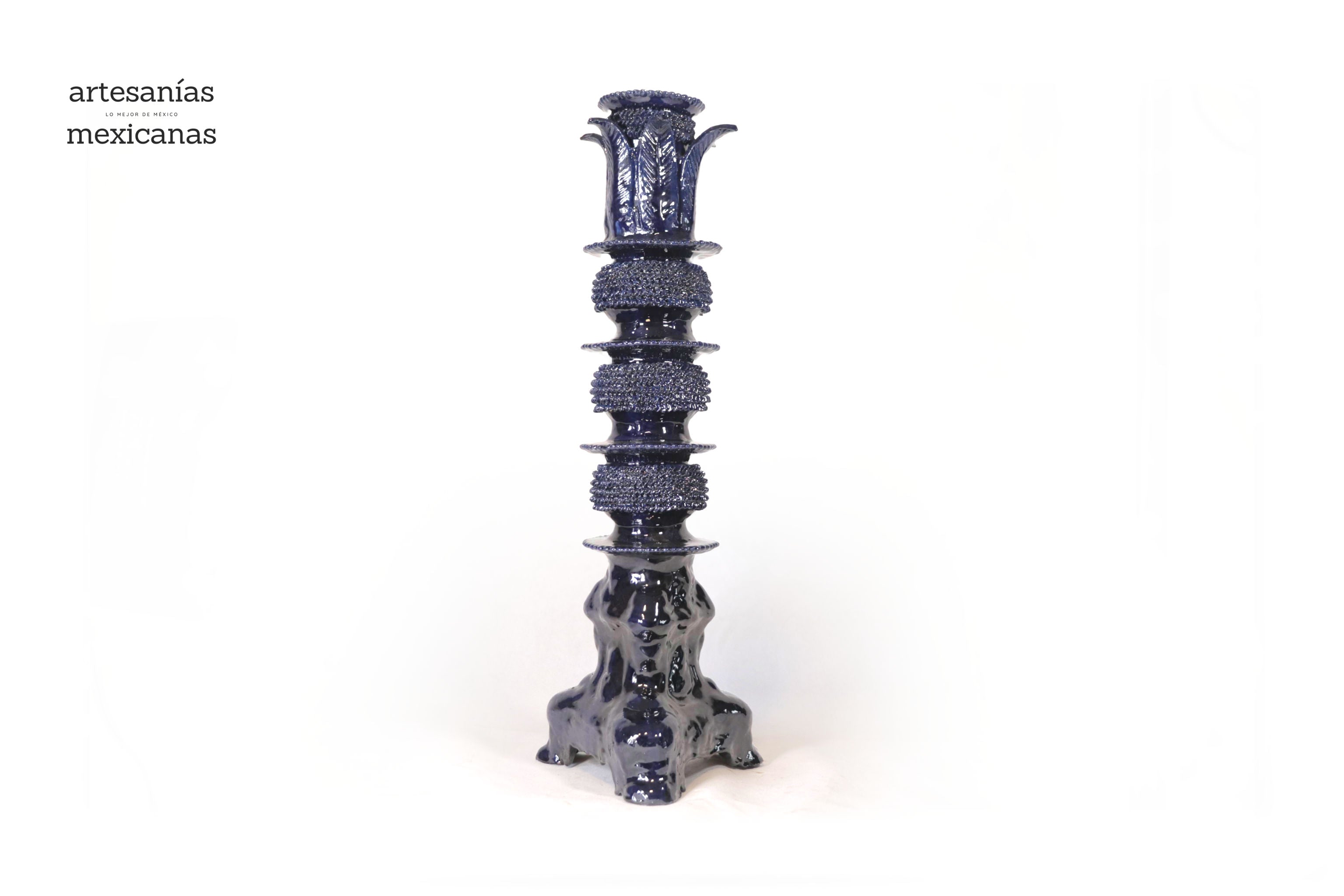 Set of 3 Candleholders Blue with leaves - Glazed Clay Juan Gtz