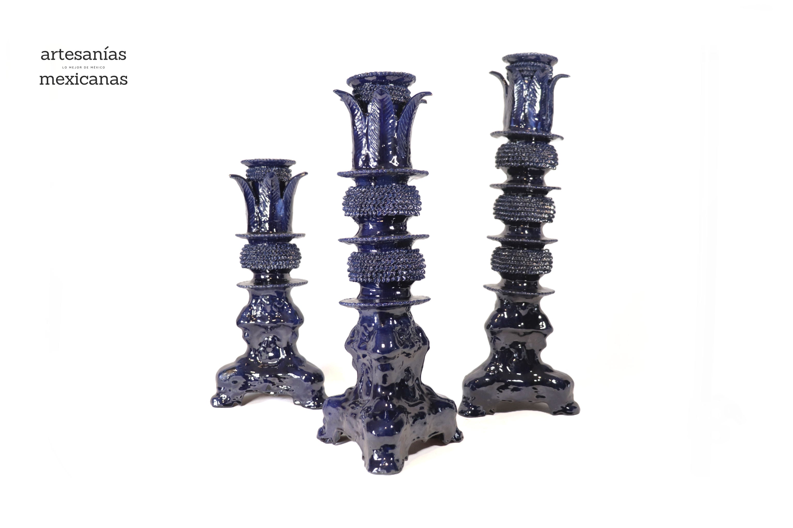 Set of 3 Candleholders Blue with leaves - Glazed Clay Juan Gtz