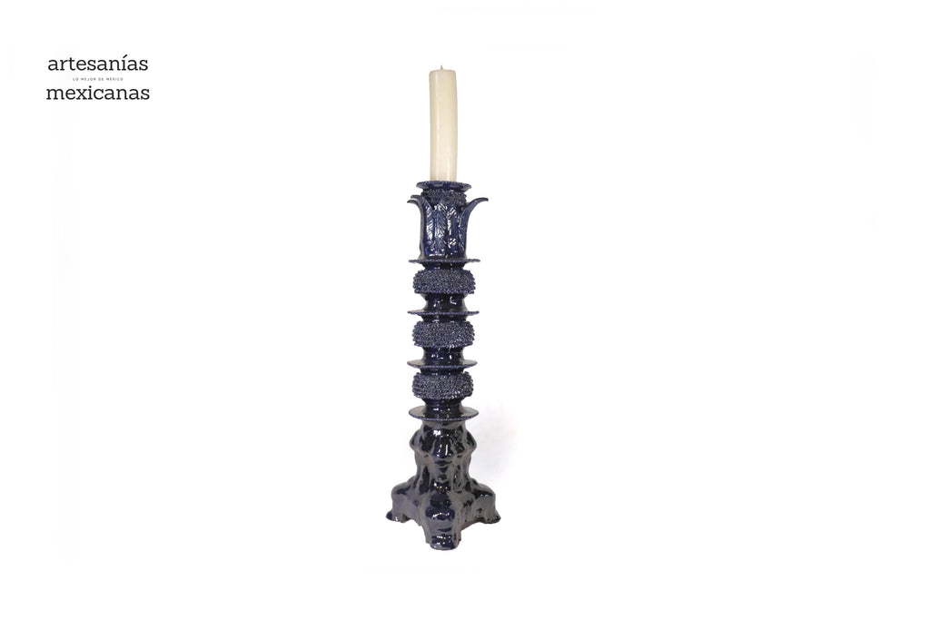 Set of 3 Candleholders Blue with leaves - Glazed Clay Juan Gtz
