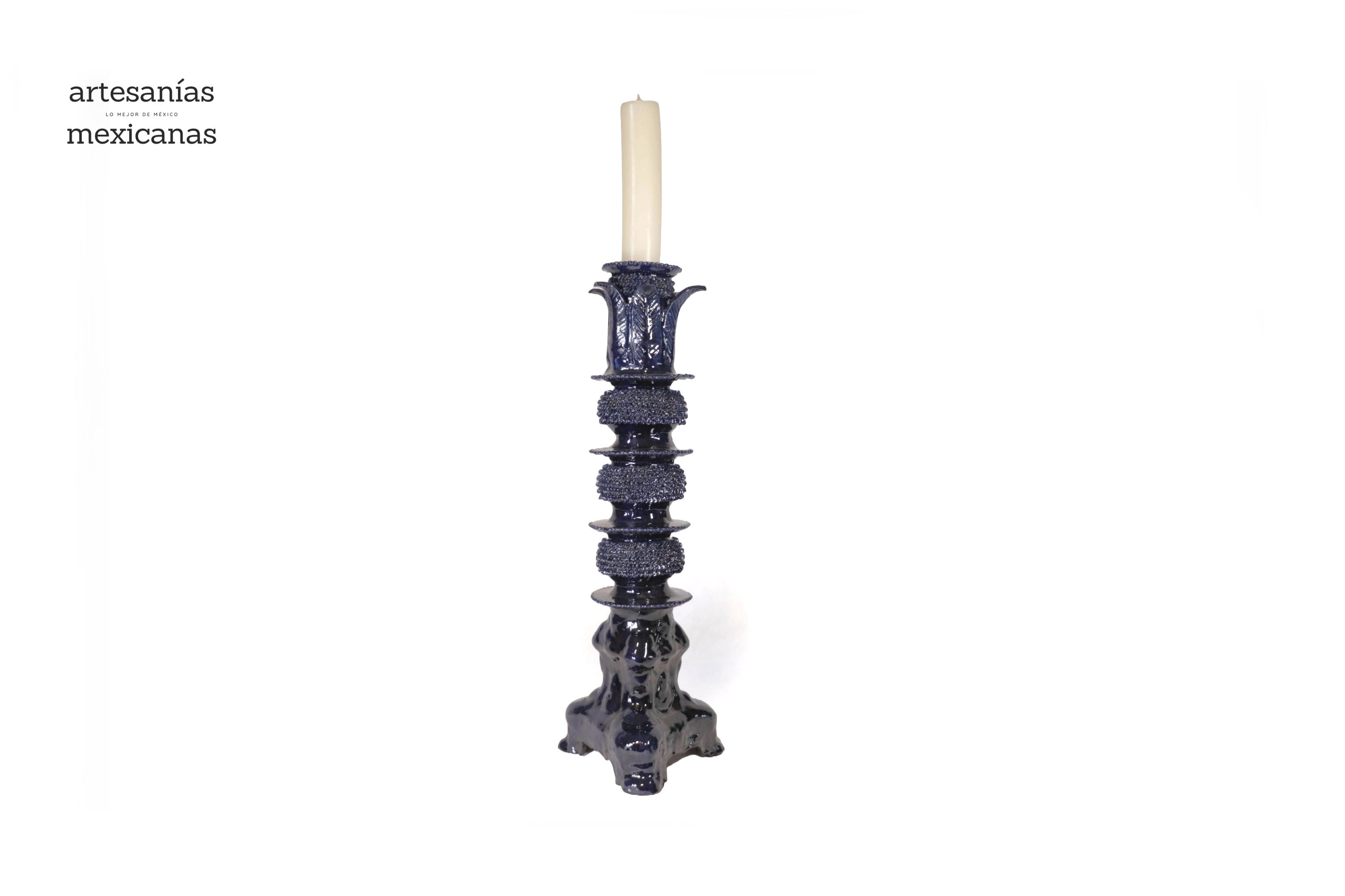 Set of 3 Candleholders Blue with leaves - Glazed Clay Juan Gtz