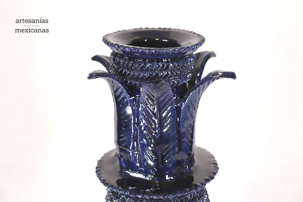Set of 3 Candleholders Blue with leaves - Glazed Clay Juan Gtz