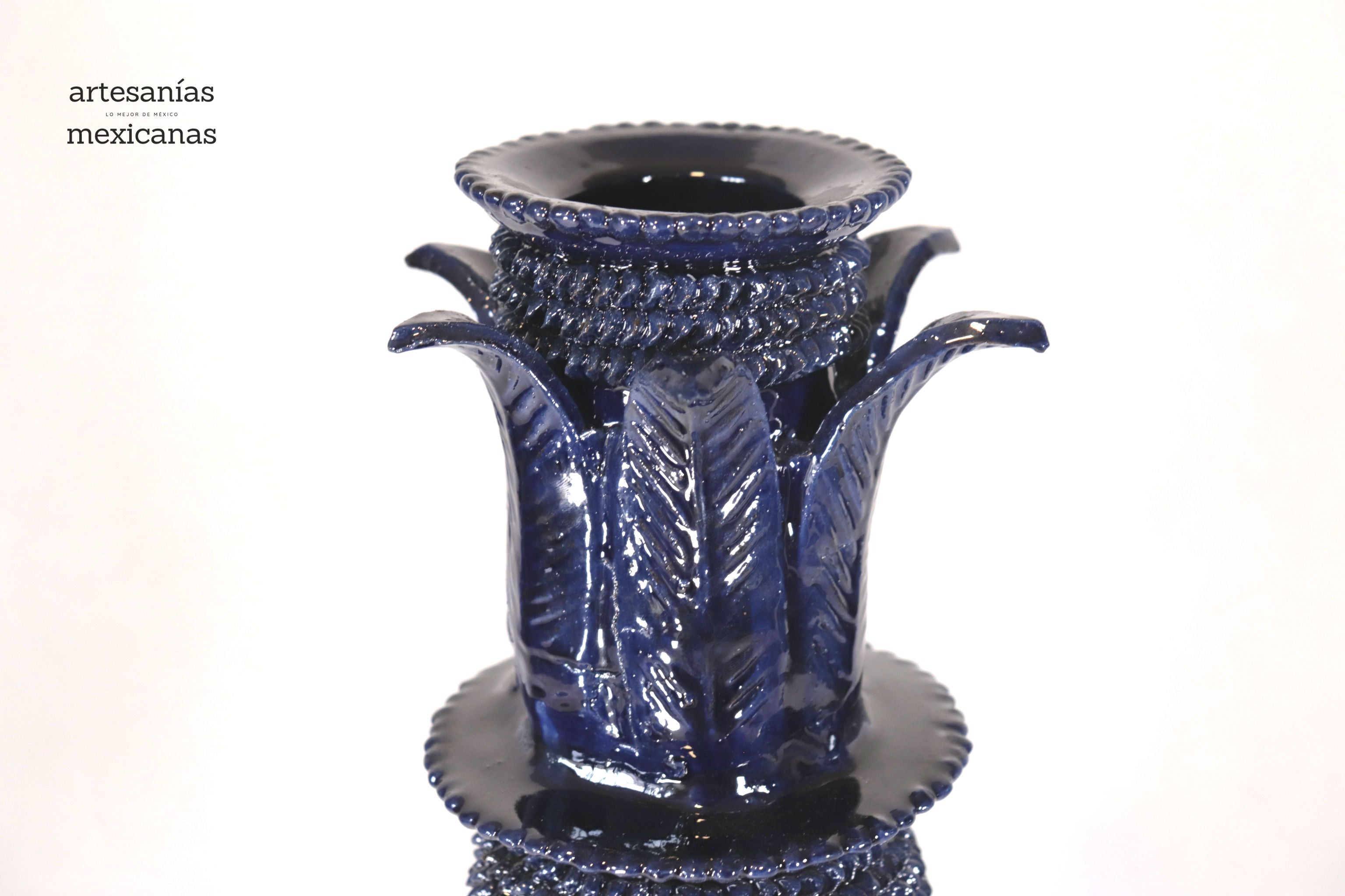 Set of 3 Candleholders Blue with leaves - Glazed Clay Juan Gtz
