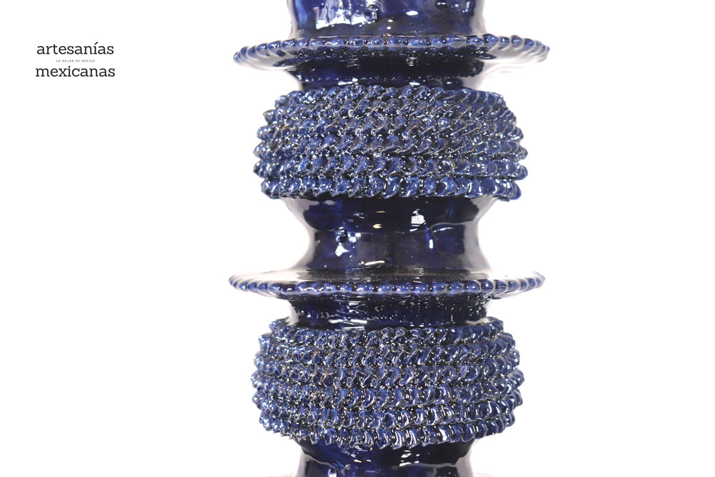 Set of 3 Candleholders Blue with leaves - Glazed Clay Juan Gtz