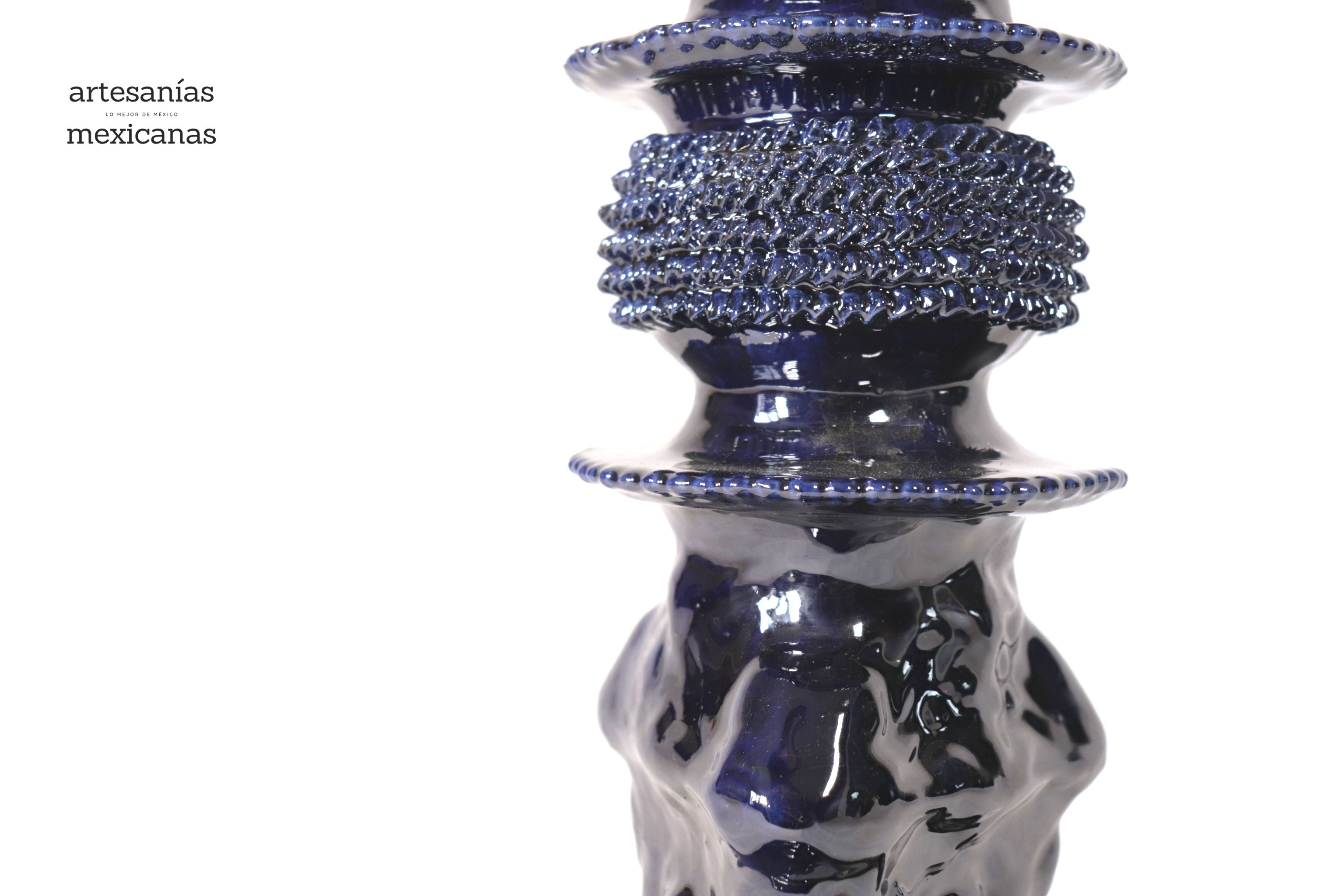 Set of 3 Candleholders Blue with leaves - Glazed Clay Juan Gtz