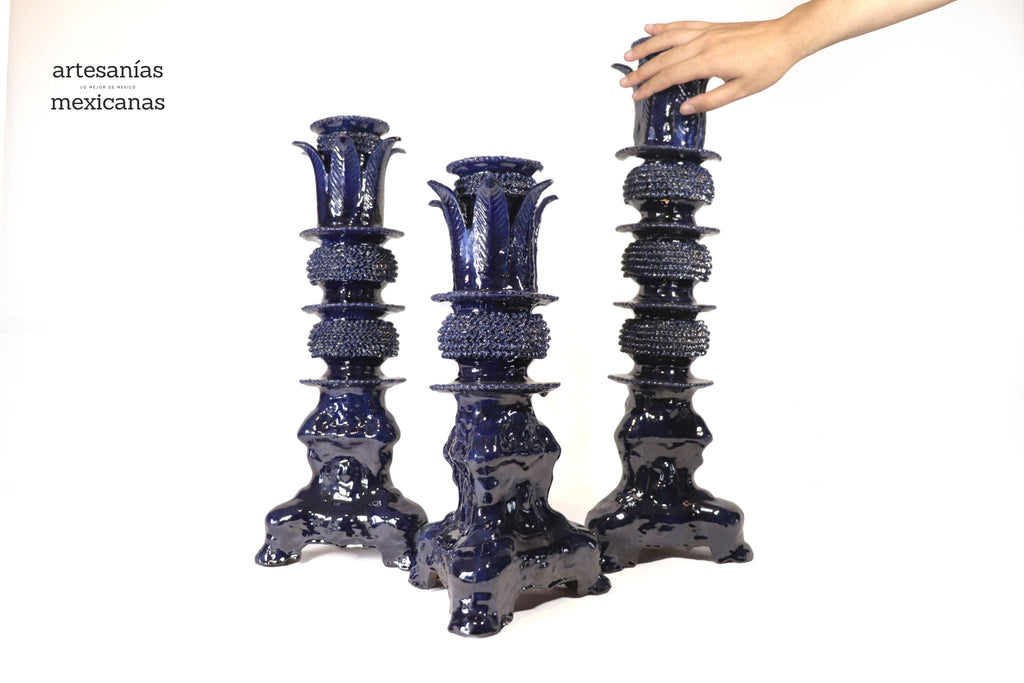 Set of 3 Candleholders Blue with leaves - Glazed Clay Juan Gtz