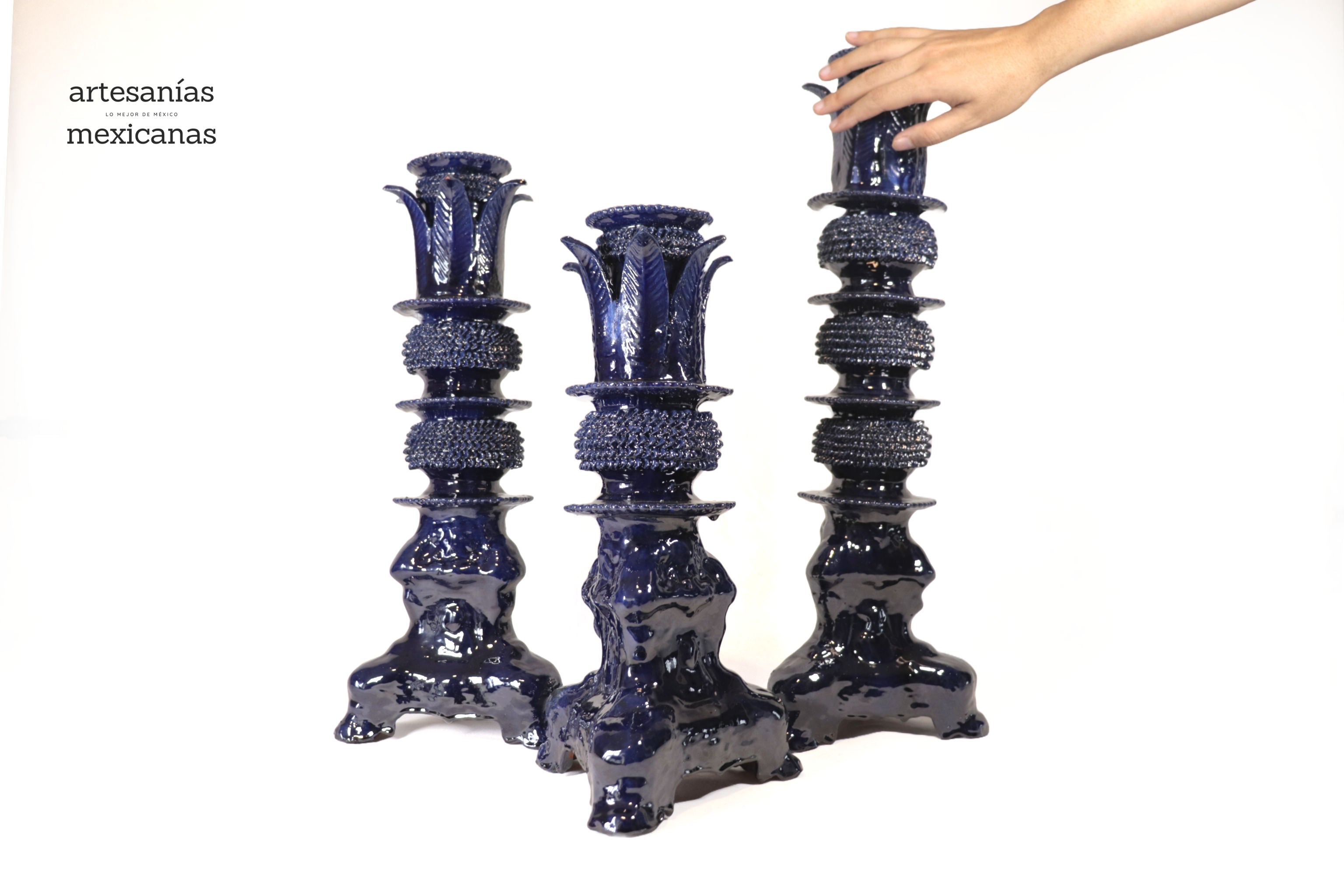 Set of 3 Candleholders Blue with leaves - Glazed Clay Juan Gtz