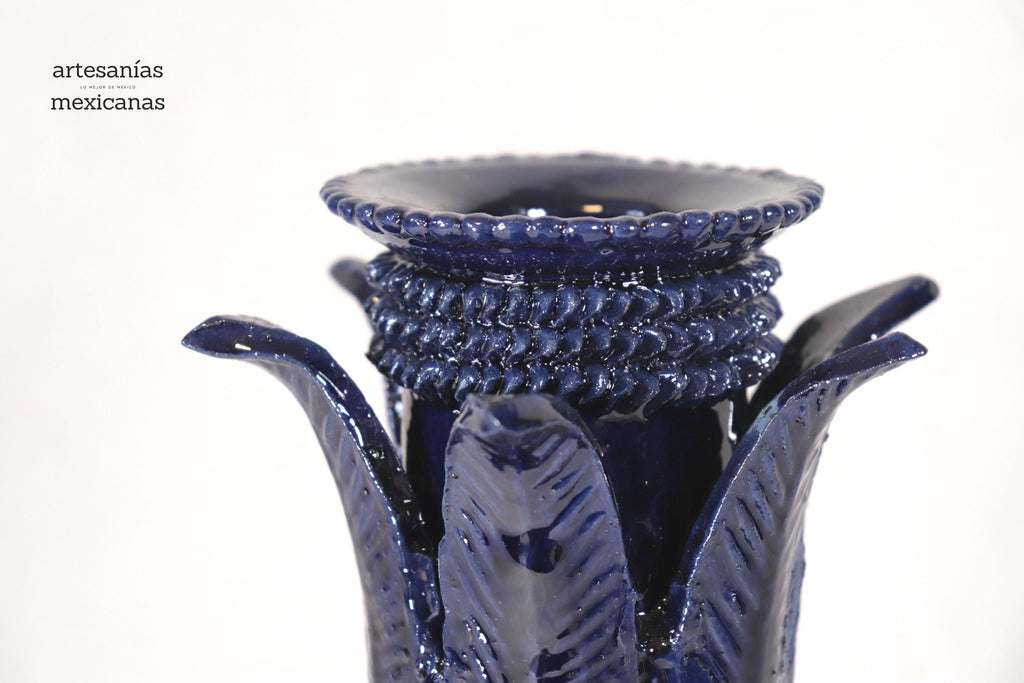 Set of 3 Candleholders Blue with leaves - Glazed Clay Juan Gtz
