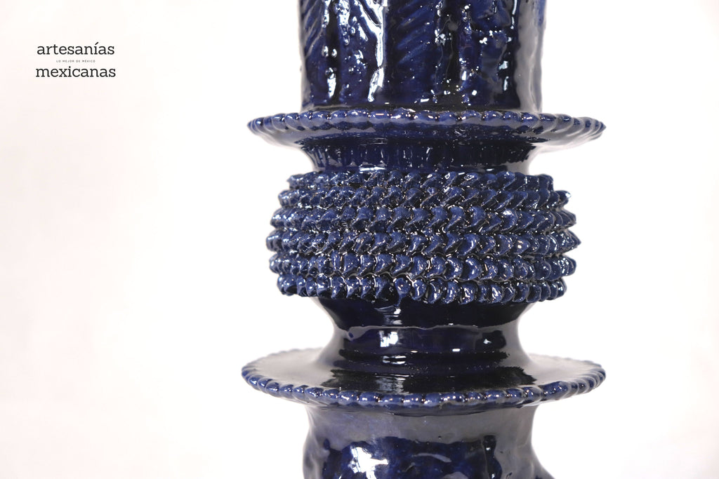 Set of 3 Candleholders Blue with leaves - Glazed Clay Juan Gtz