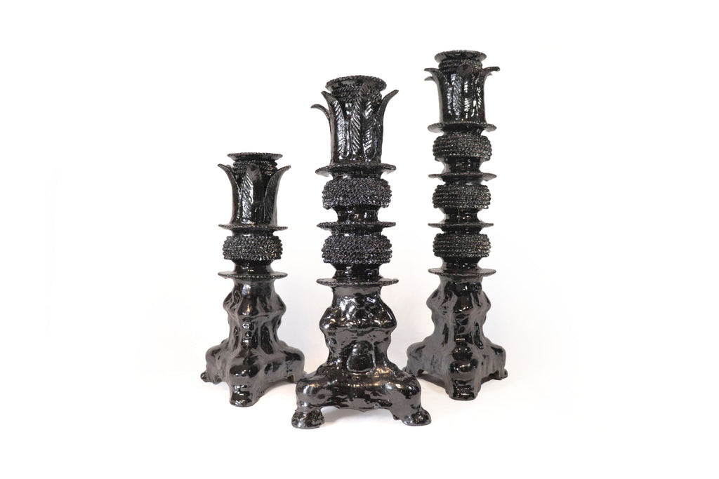 Set of 3 Candleholders Black with leaves - Glazed Clay Juan Gtz