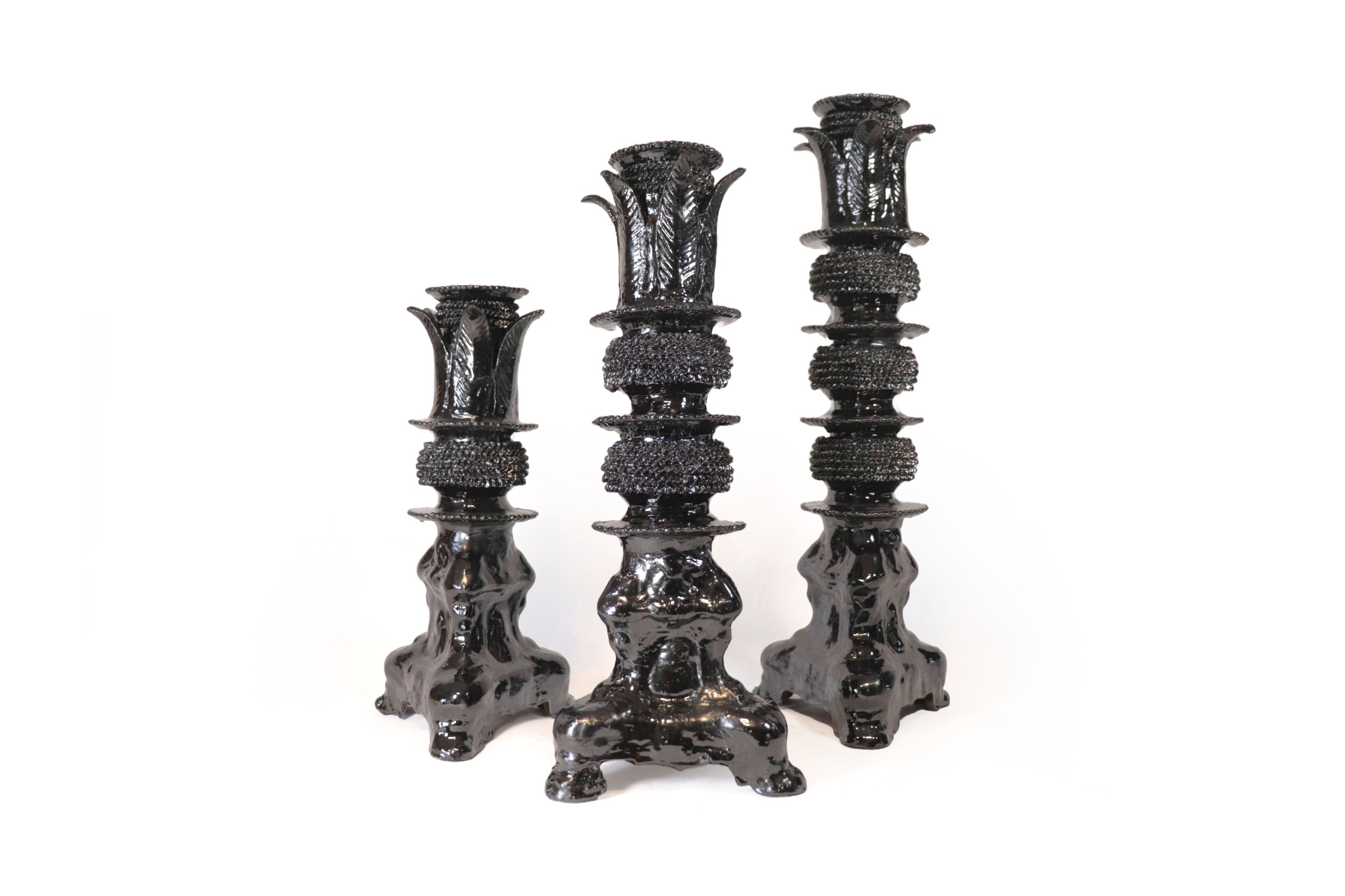 Set of 3 Candleholders Black with leaves - Glazed Clay Juan Gtz