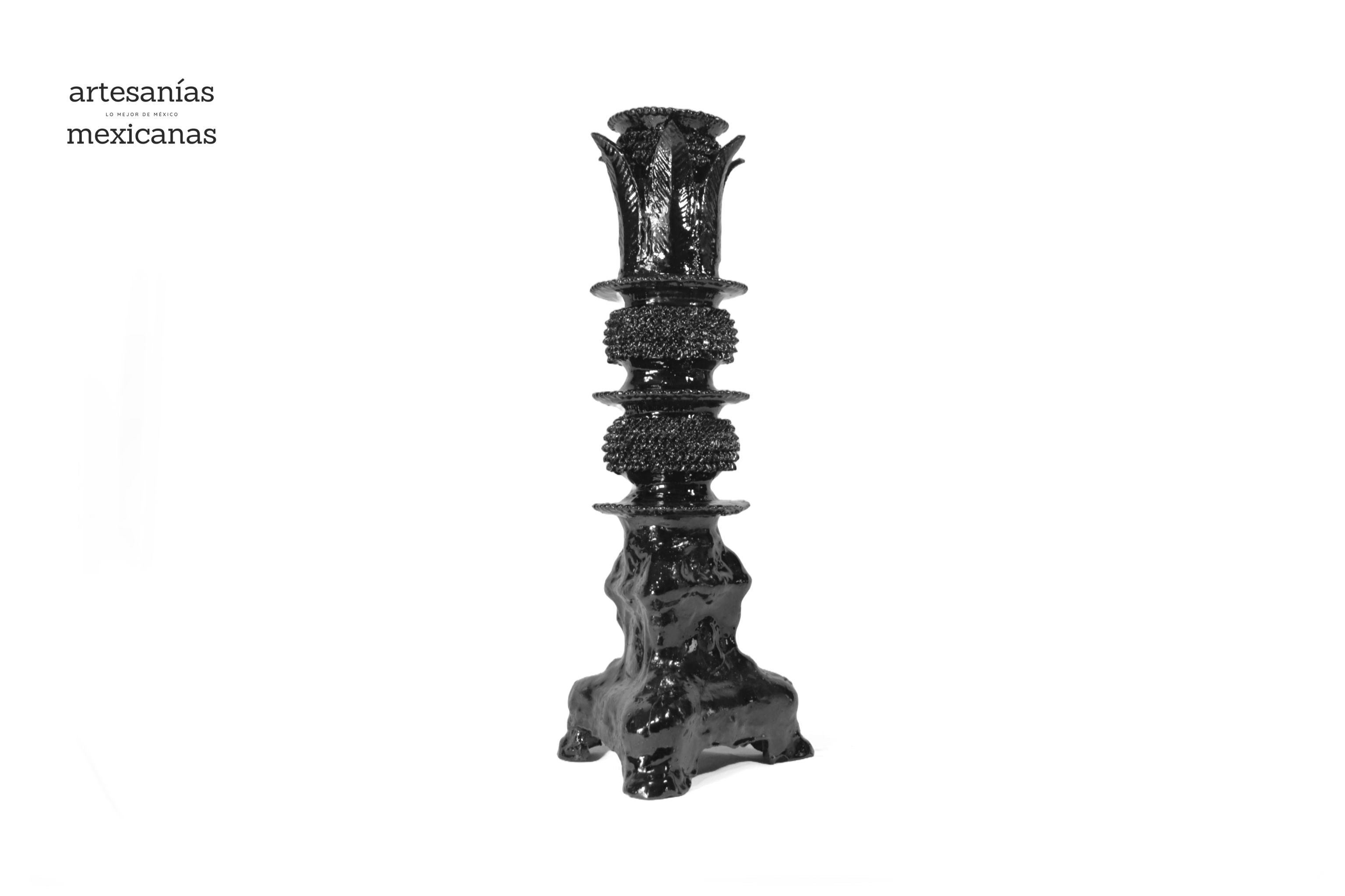 Set of 3 Candleholders Black with leaves - Glazed Clay Juan Gtz