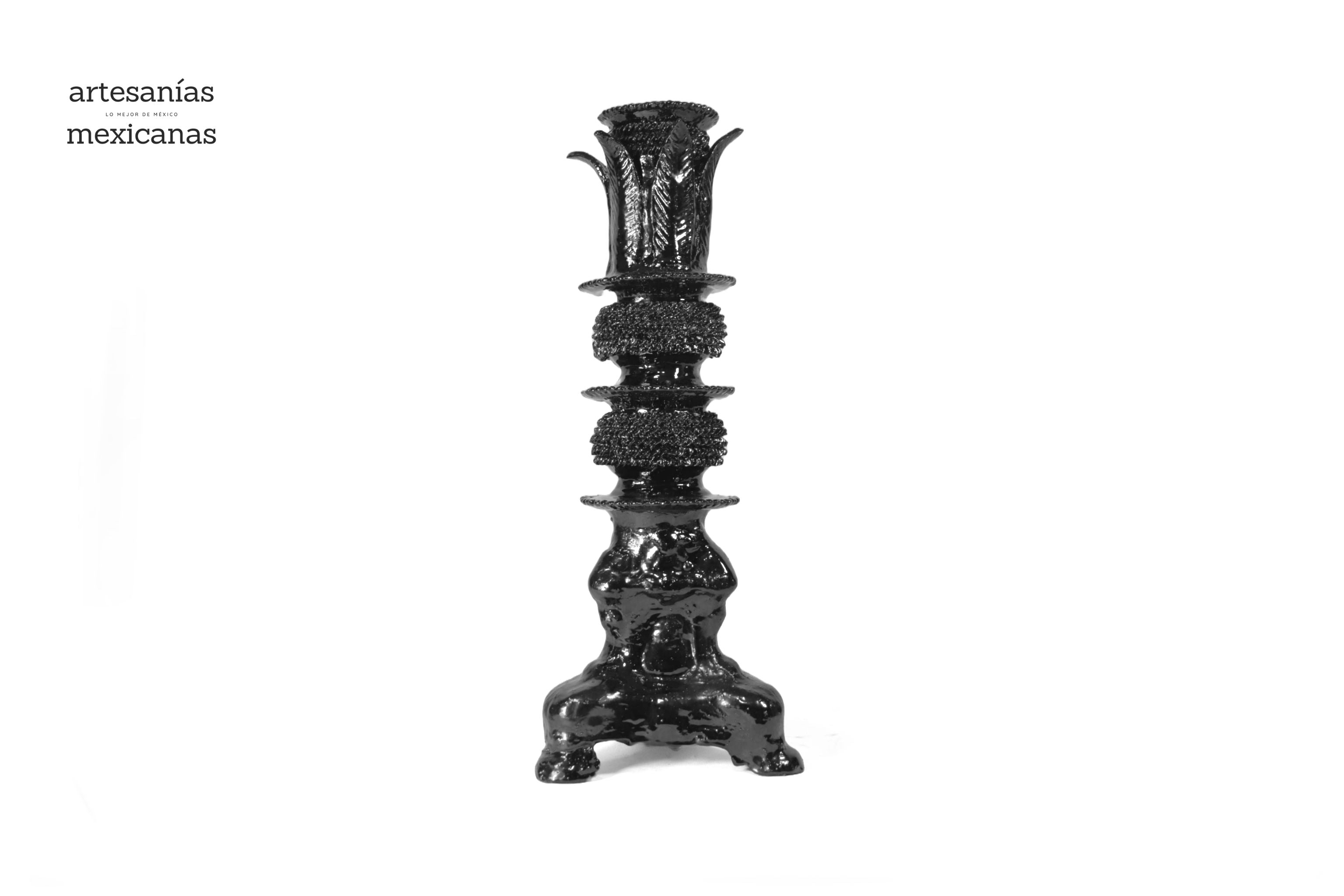Set of 3 Candleholders Black with leaves - Glazed Clay Juan Gtz