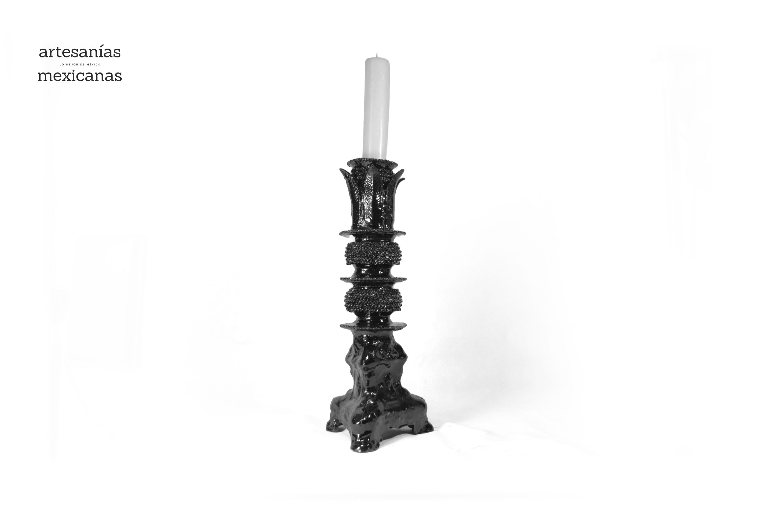 Set of 3 Candleholders Black with leaves - Glazed Clay Juan Gtz