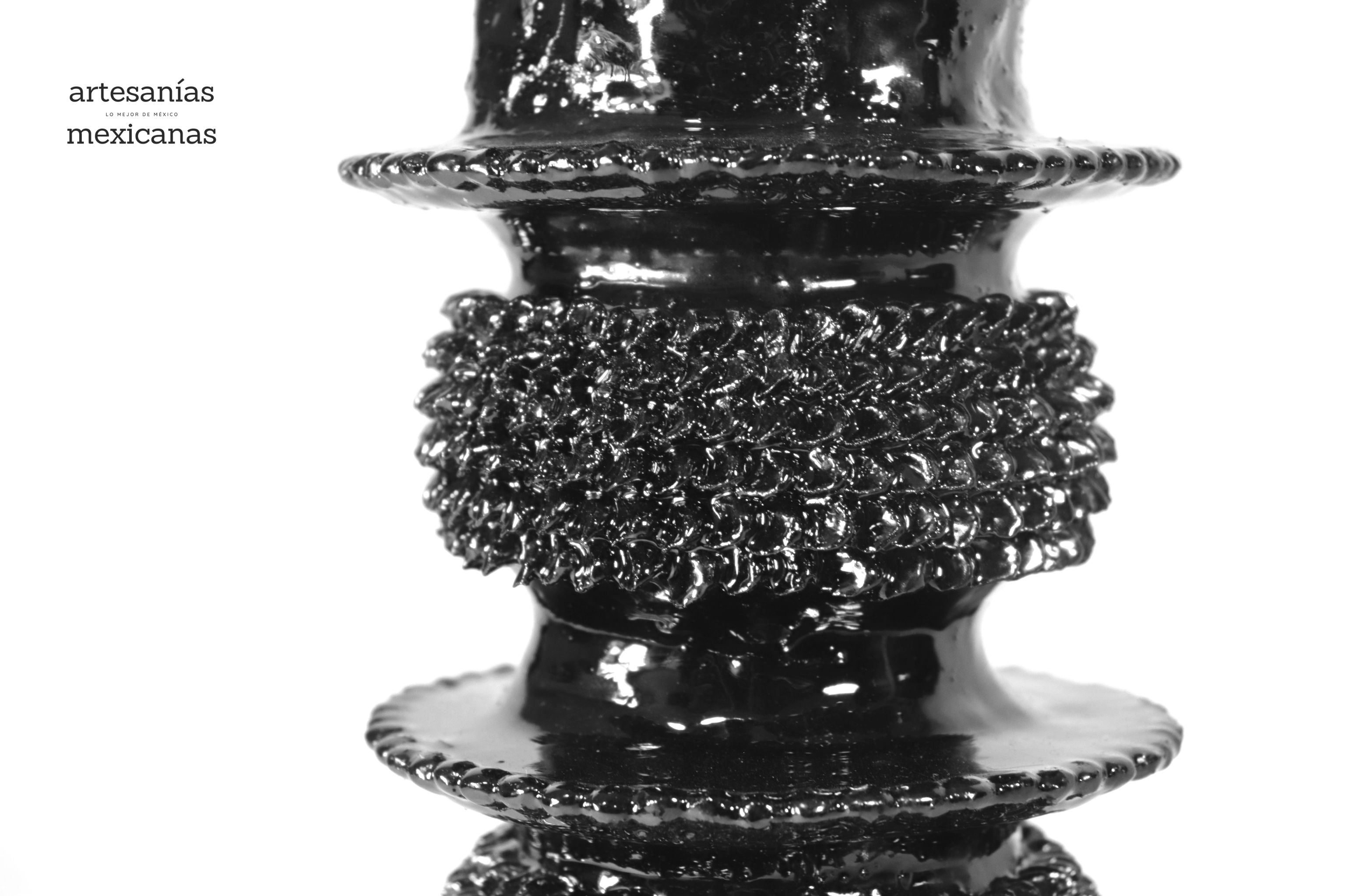 Set of 3 Candleholders Black with leaves - Glazed Clay Juan Gtz