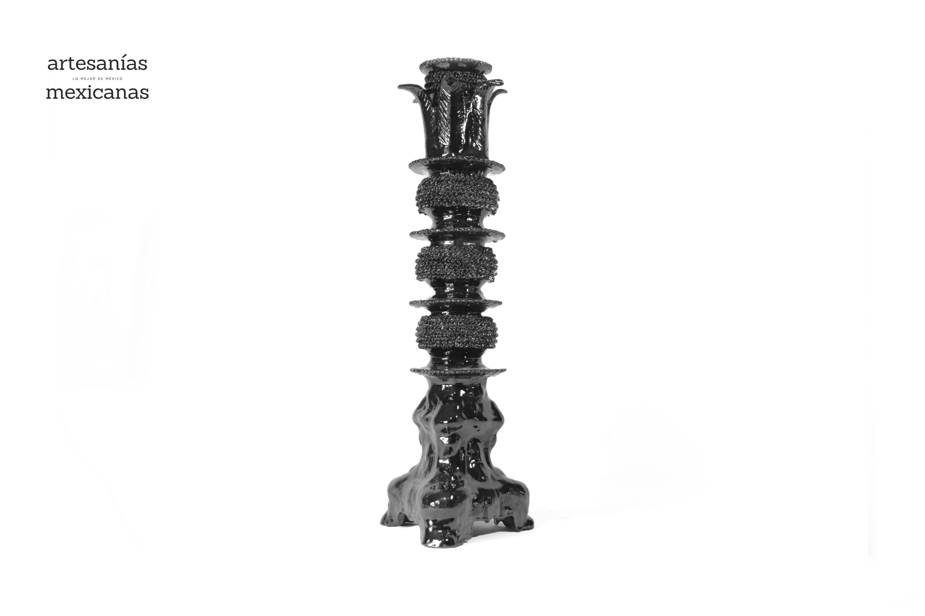 Set of 3 Candleholders Black with leaves - Glazed Clay Juan Gtz
