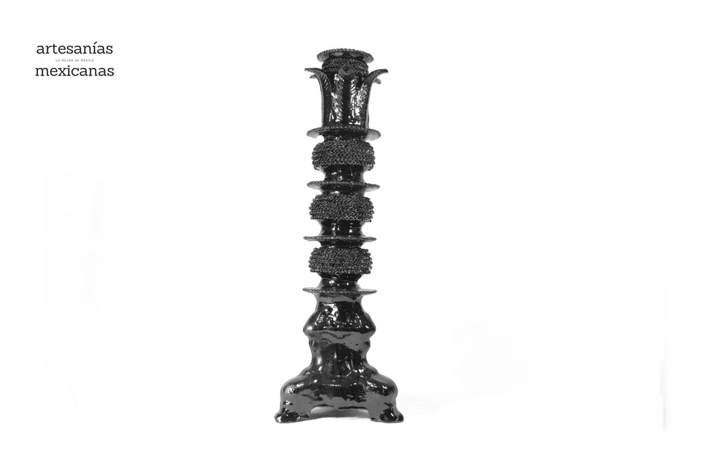 Set of 3 Candleholders Black with leaves - Glazed Clay Juan Gtz