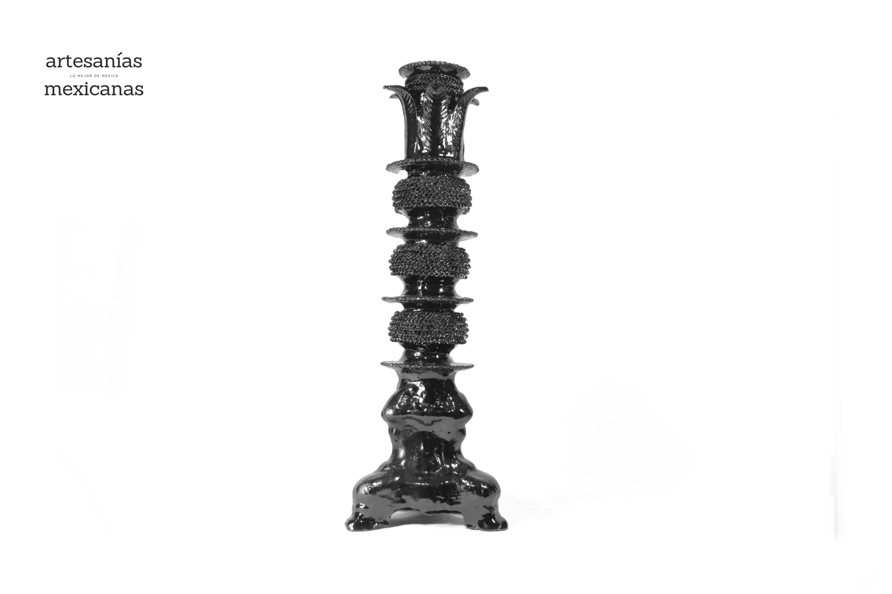 Set of 3 Candleholders Black with leaves - Glazed Clay Juan Gtz