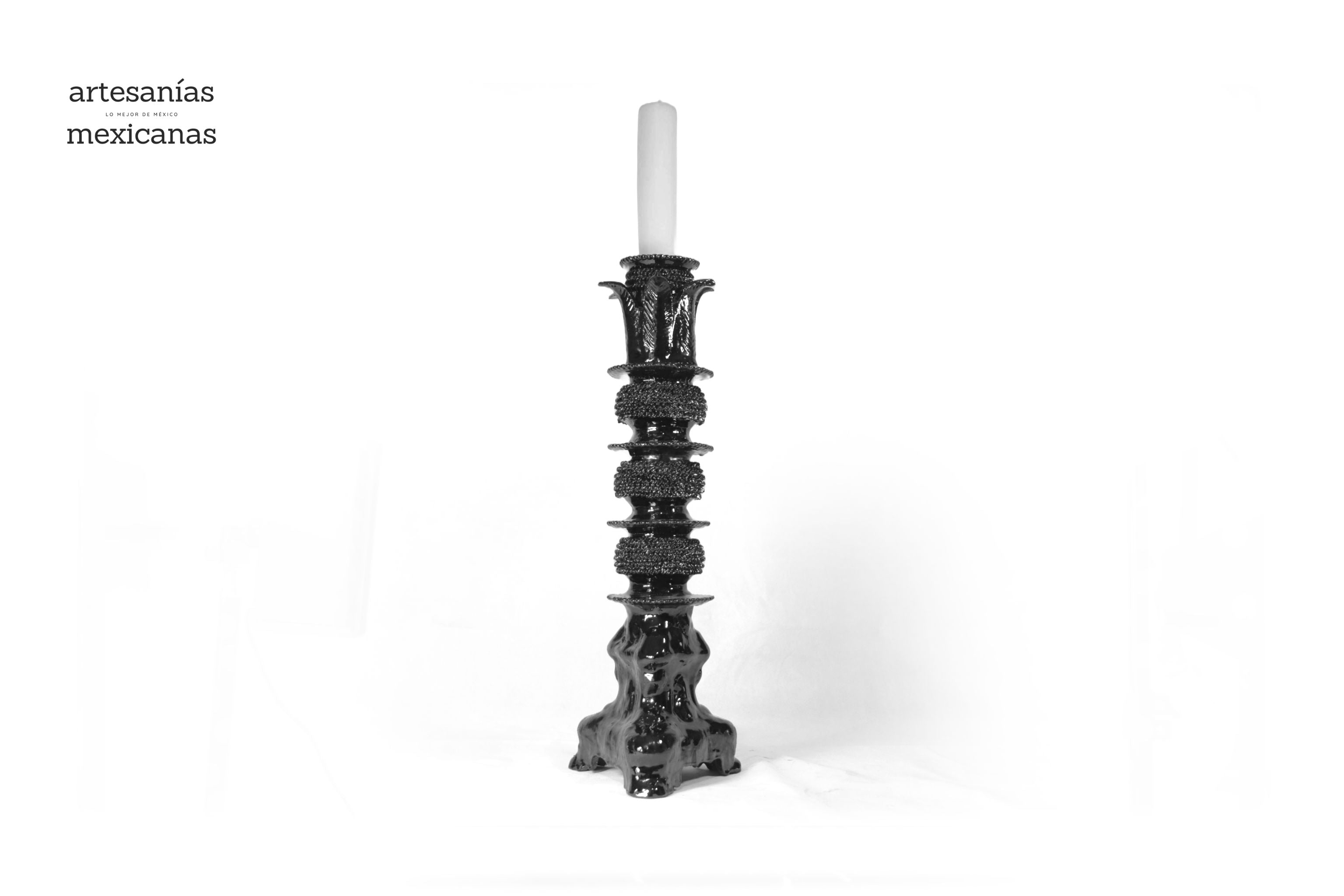 Set of 3 Candleholders Black with leaves - Glazed Clay Juan Gtz