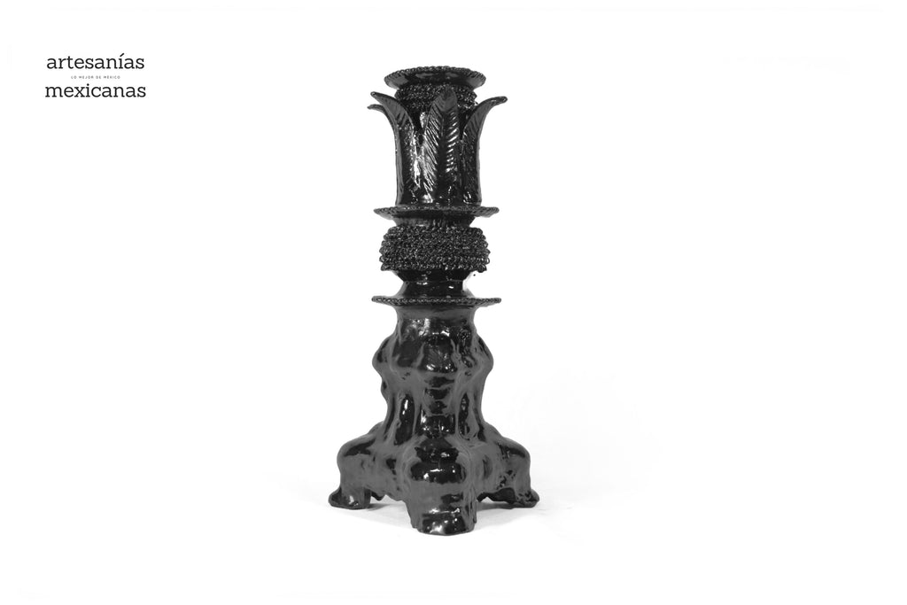 Set of 3 Candleholders Black with leaves - Glazed Clay Juan Gtz