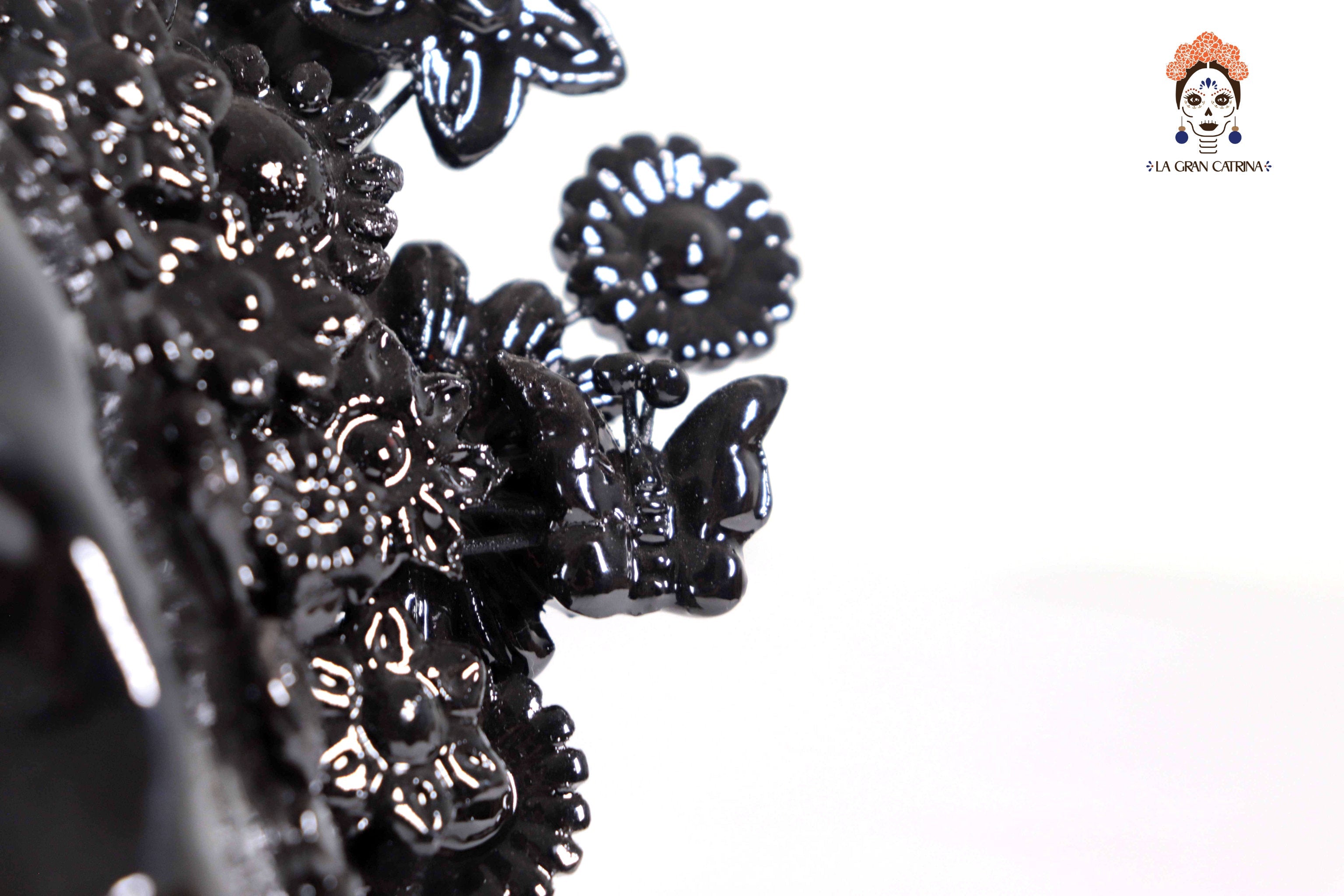 Skull with Headdress Black with Base- Glazed Clay - 8.8 in. Tereri