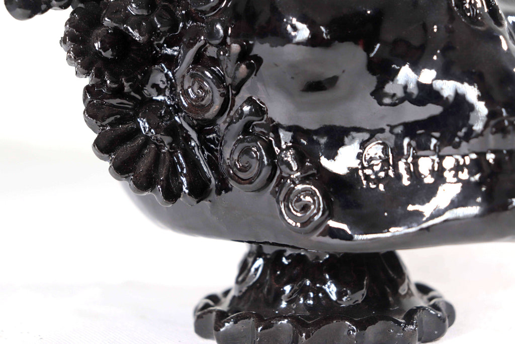 Skull with Headdress Black with Base- Glazed Clay - 8.8 in. Tereri