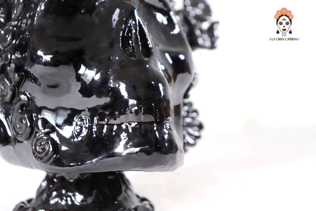 Skull with Headdress Black with Base- Glazed Clay - 8.8 in. Tereri