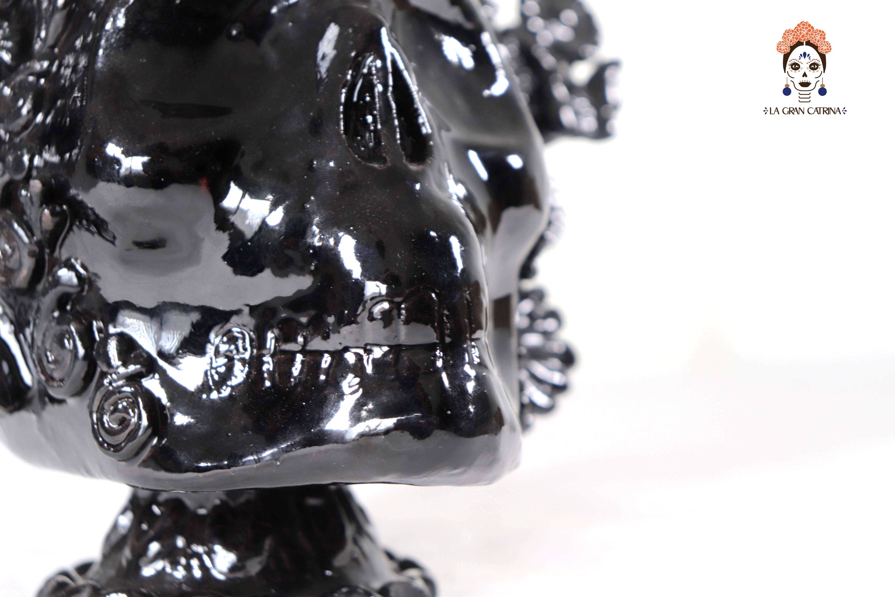 Skull with Headdress Black with Base- Glazed Clay - 8.8 in. Tereri