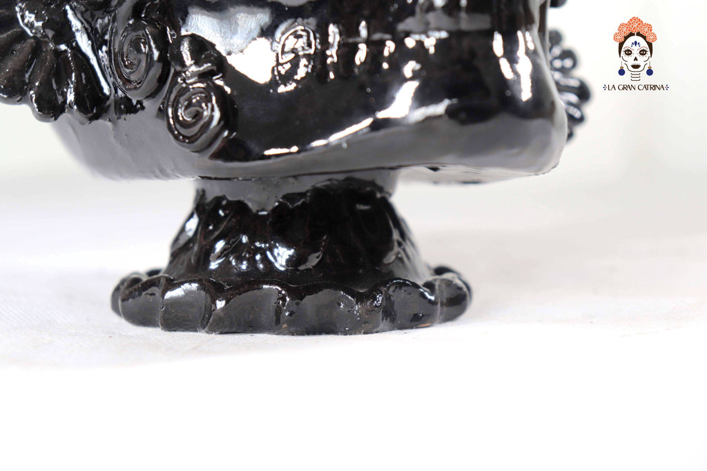 Skull with Headdress Black with Base- Glazed Clay - 8.8 in. Tereri