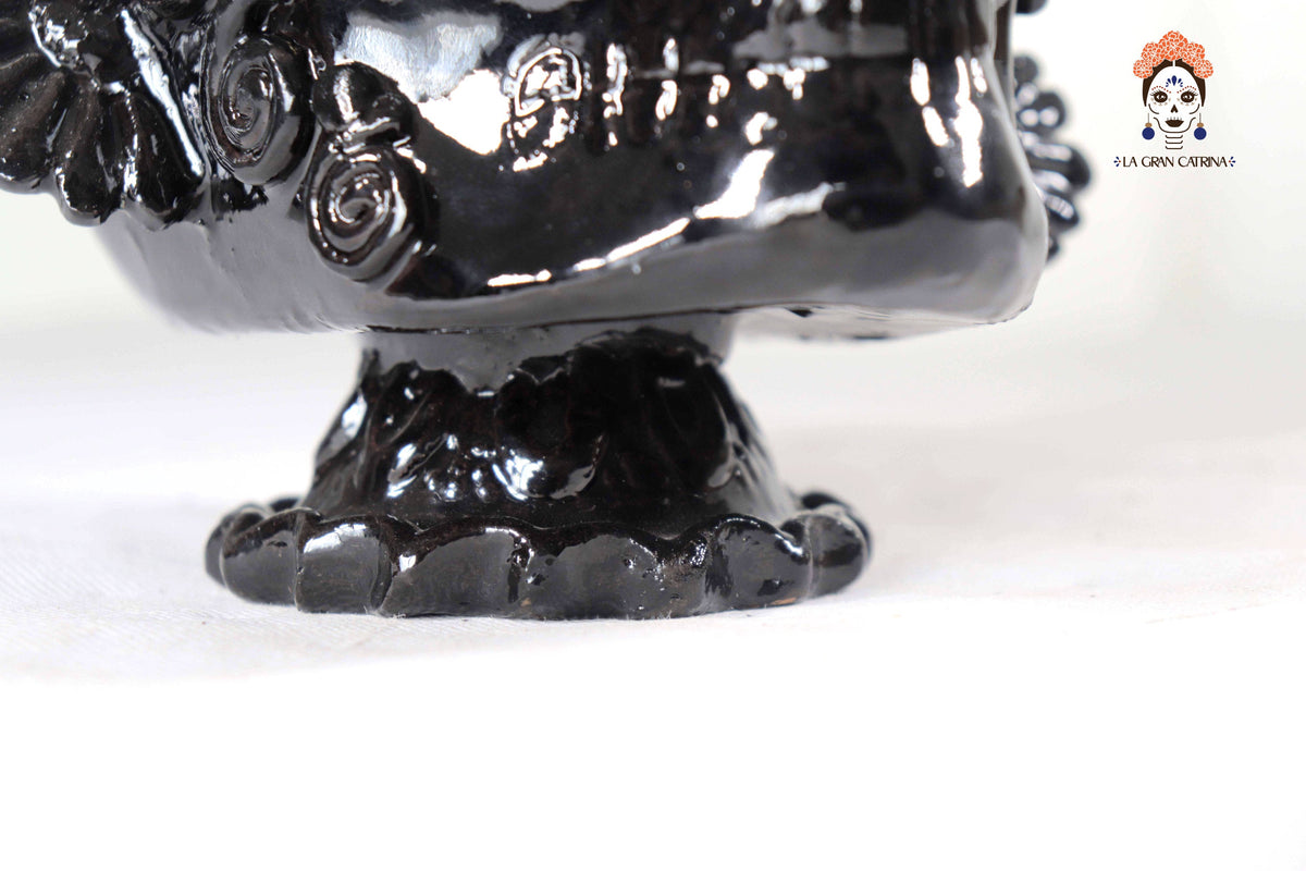 Skull with Headdress Black with Base- Glazed Clay - 8.8 in. Tereri